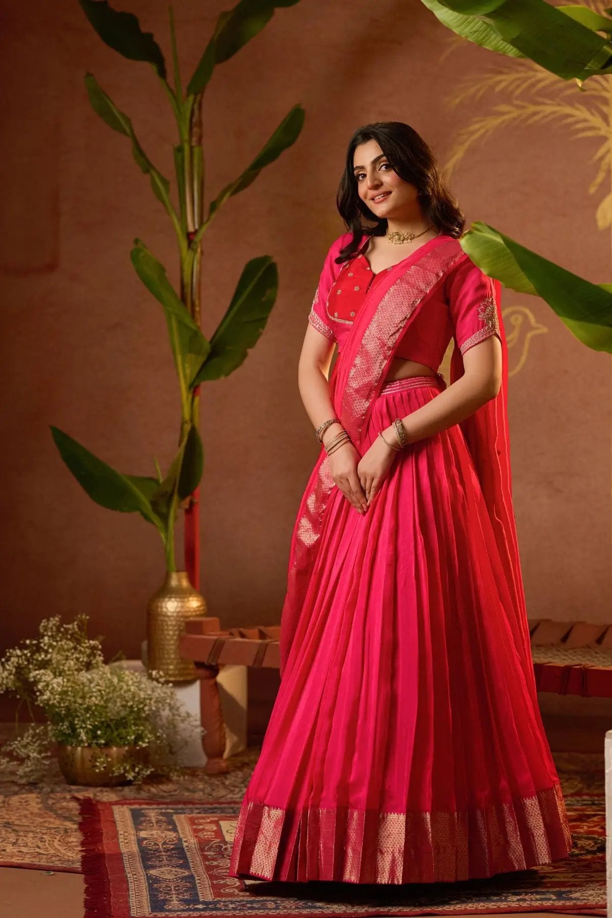 Pritti Lehenga Set in Rani Pink with intricate Marodi handwork and Madhubala-style neckline. A perfect traditional ensemble for weddings and festive occasions.