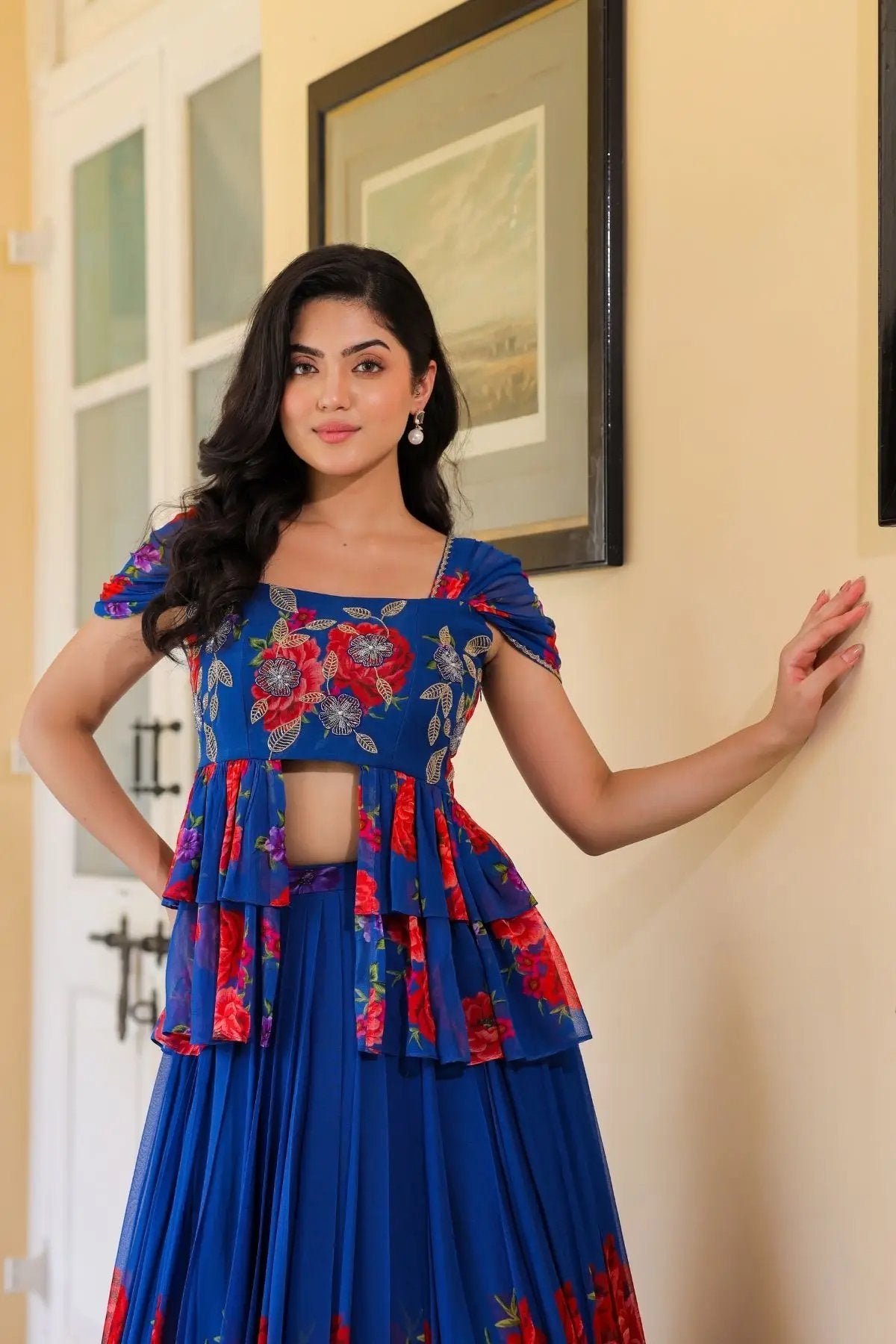 Elegant Rebecca IndoWestern dress in royal blue with floral accents