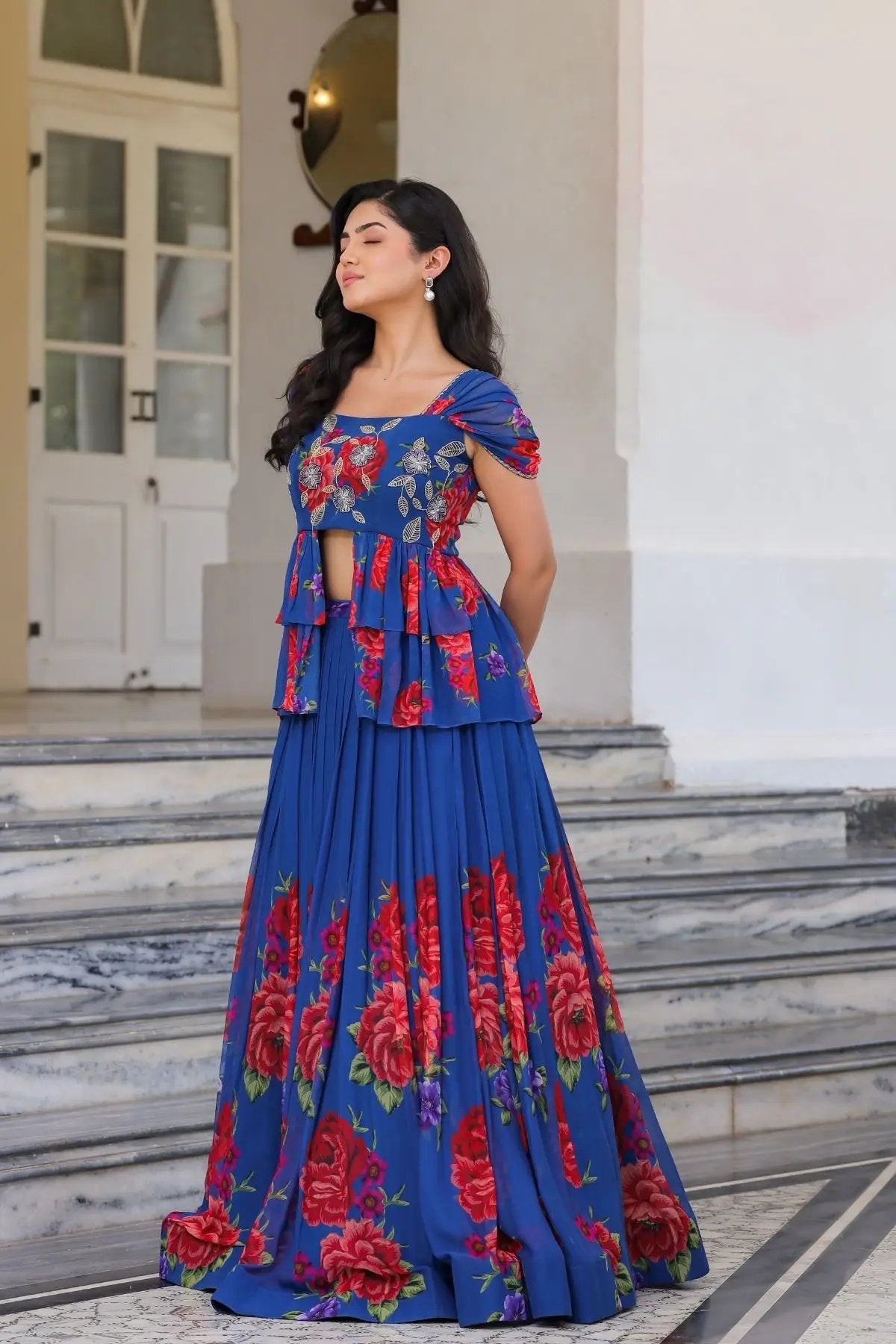 Rebecca IndoWestern dress in royal blue featuring floral designs