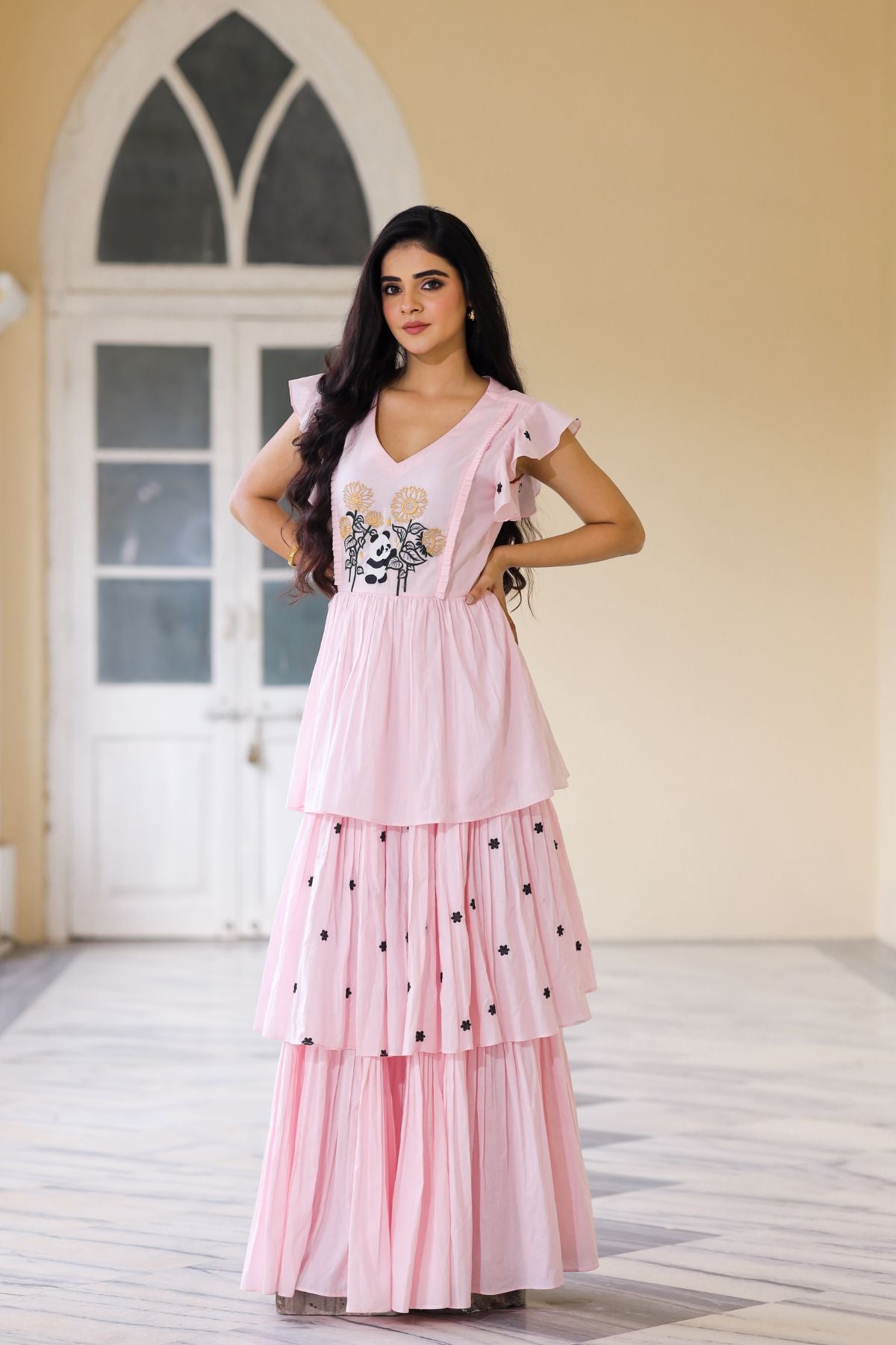 Frolic Charming Maxi in Pink with ruffled sleeves and floral accents