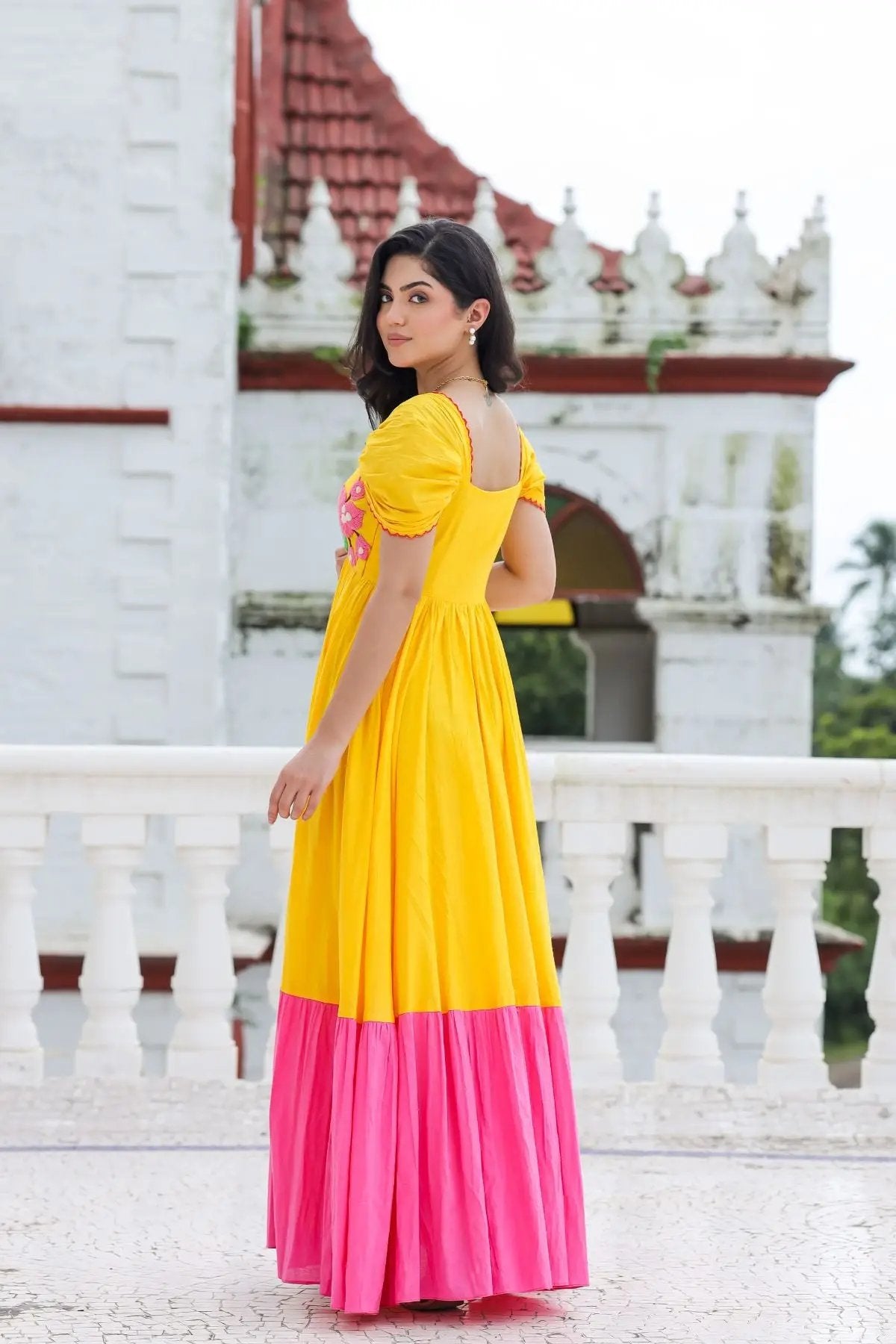 Back view of yellow and pink Daffodil Dream Maxi Dress