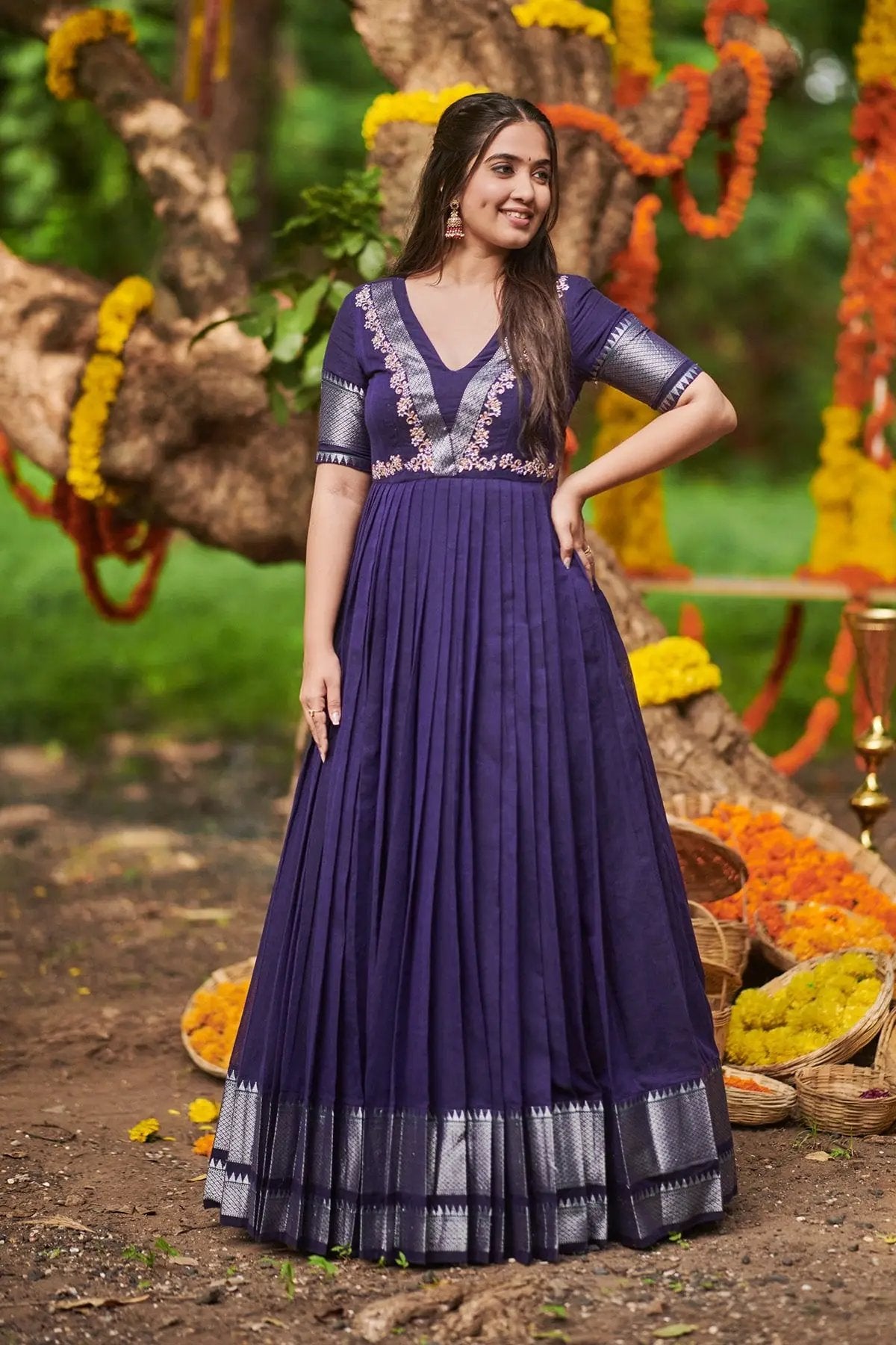 Apeksha Handloom Dress in blue with intricate embroidery