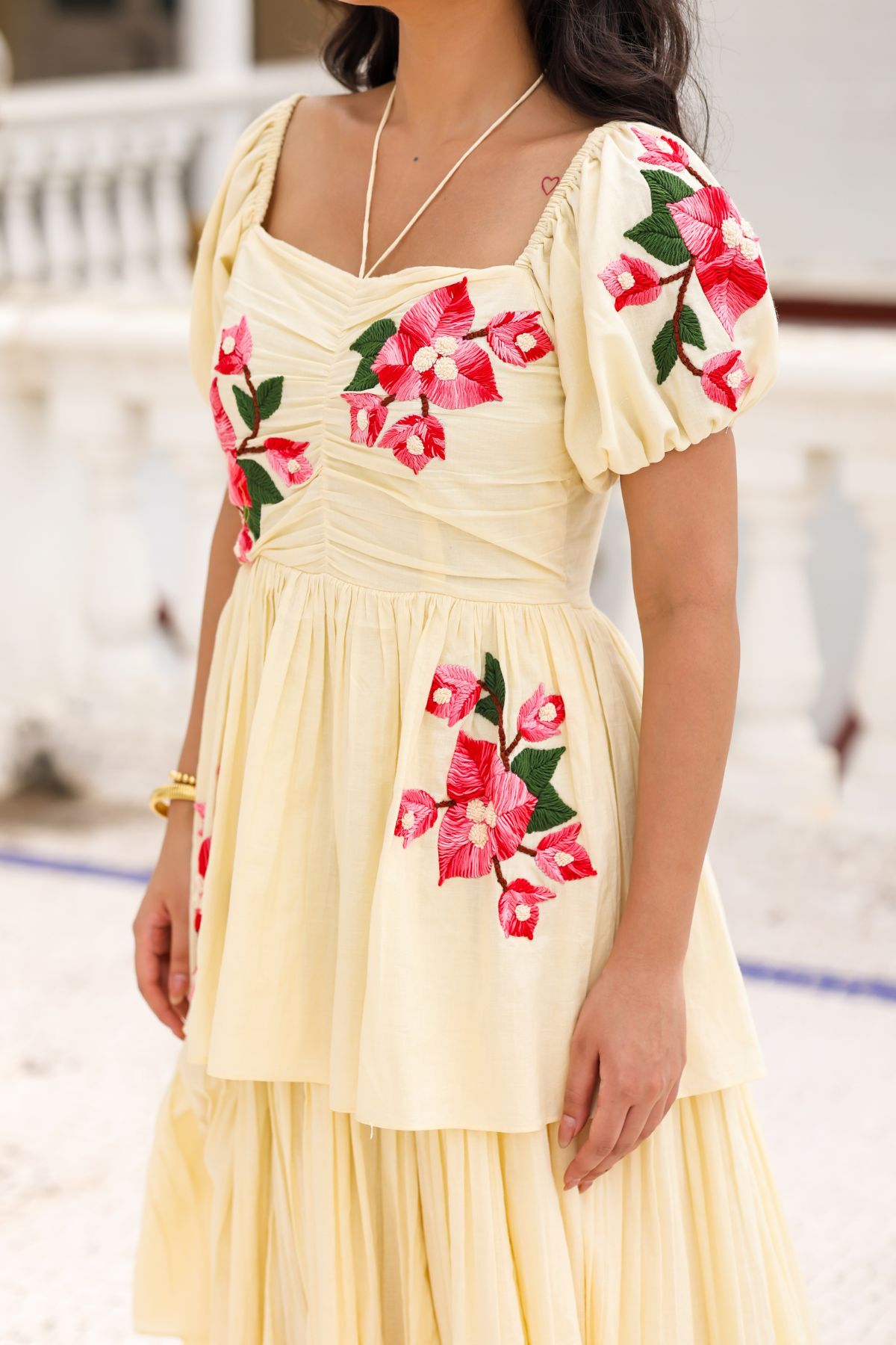 Close-up of floral embroidery on Vanilla Maxi Dress