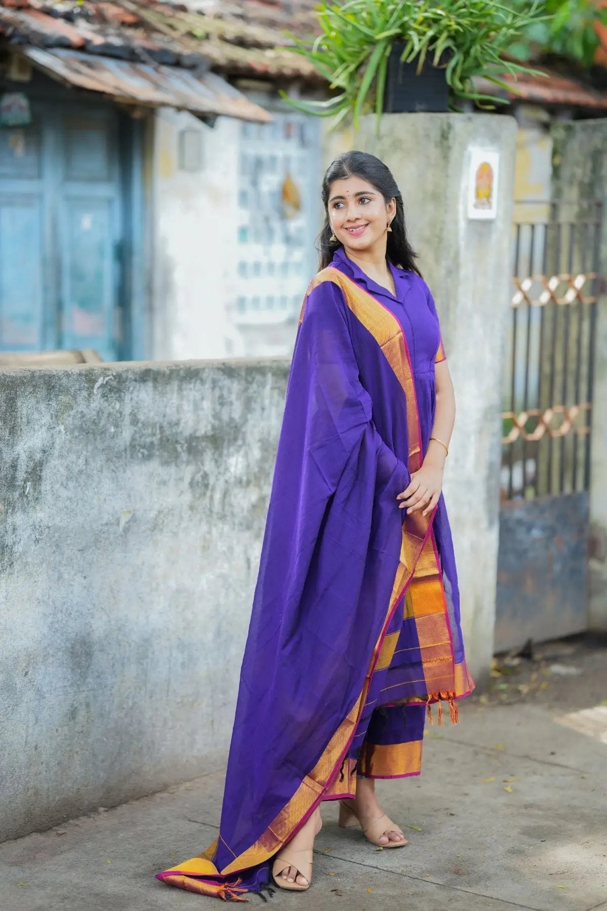 Stylish purple handloom suit set with matching dupatta