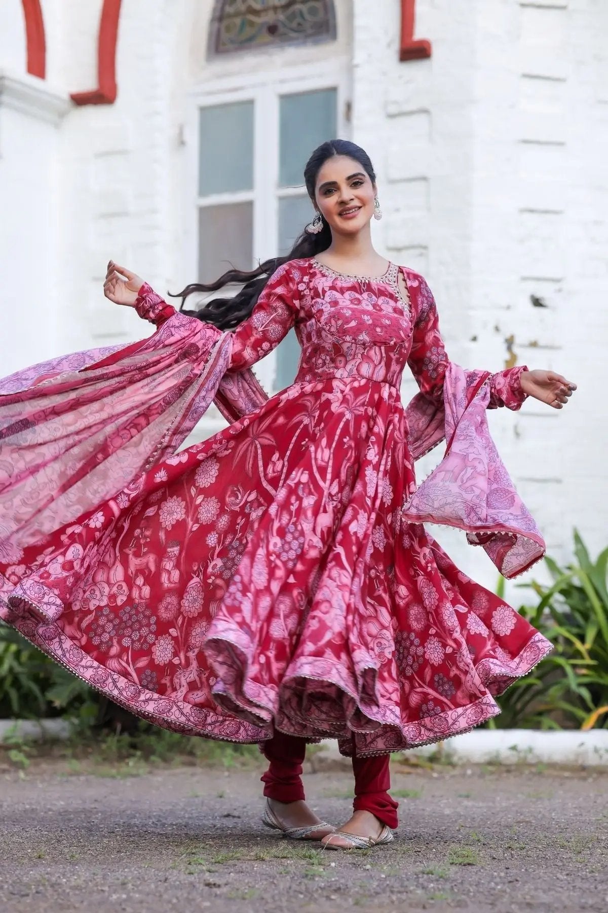 Red Alakhya Anarkali dress twirling motion