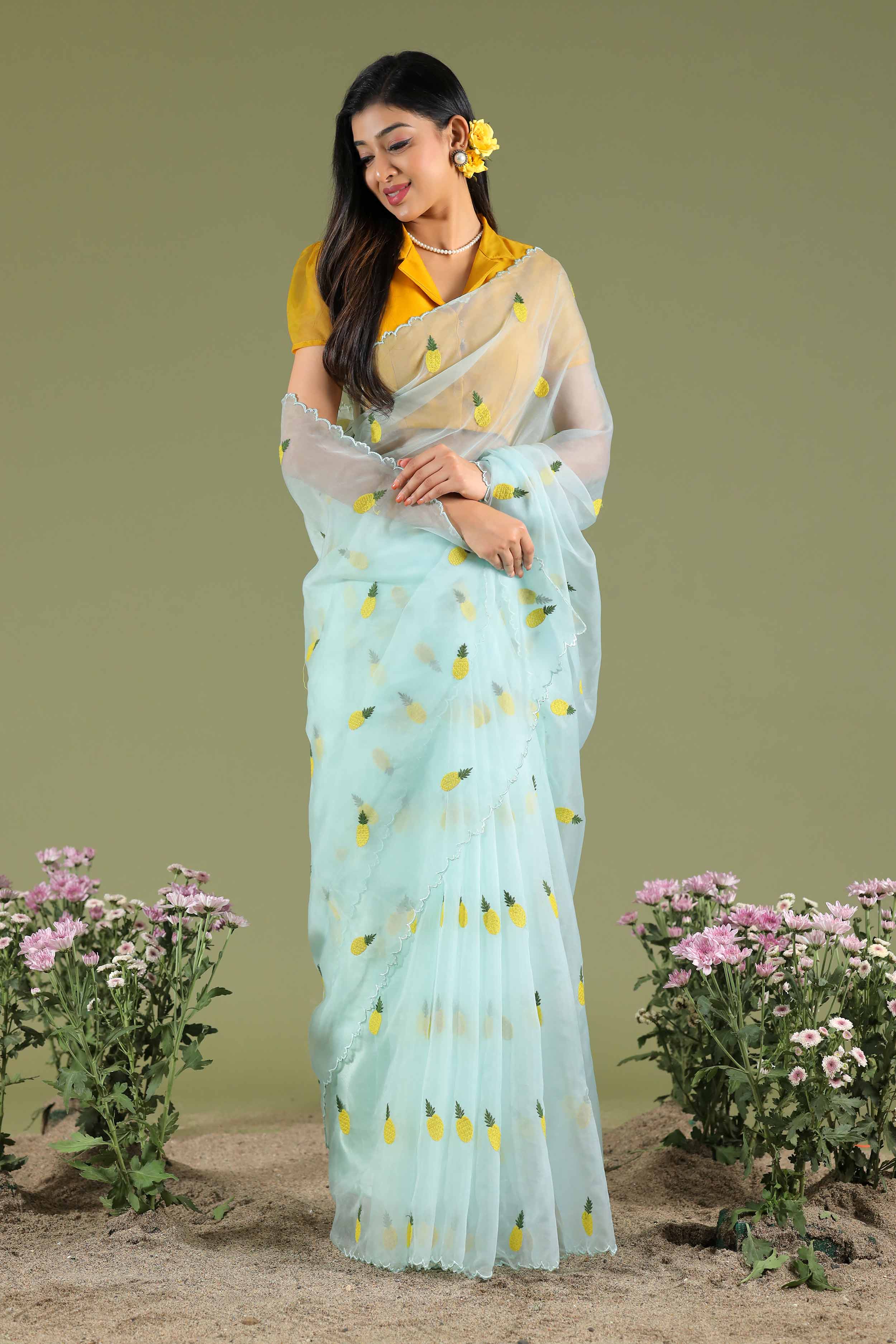 yellow and blue organza saree - Bullionknot