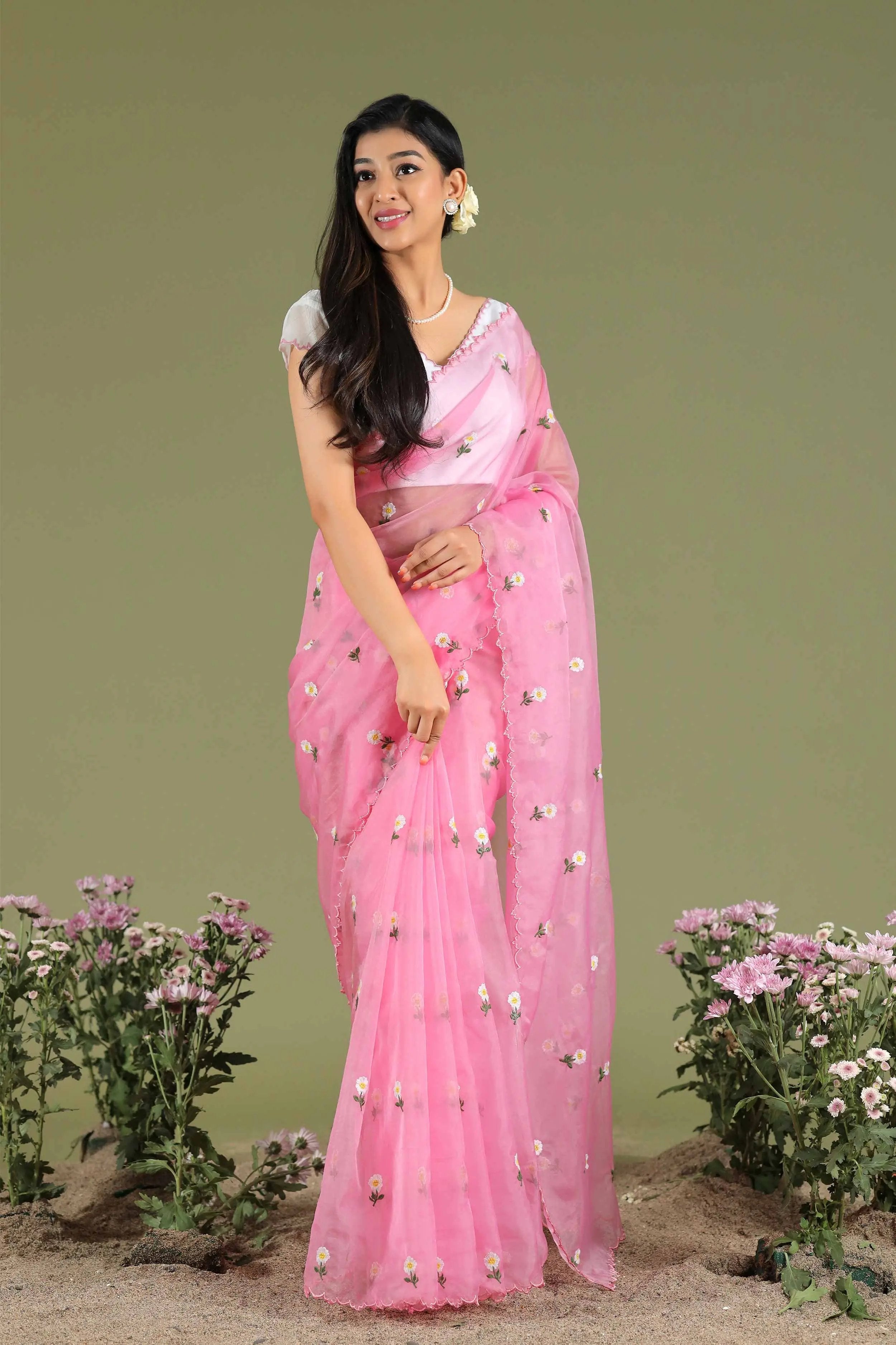 Chamomile Organza Saree in Pink