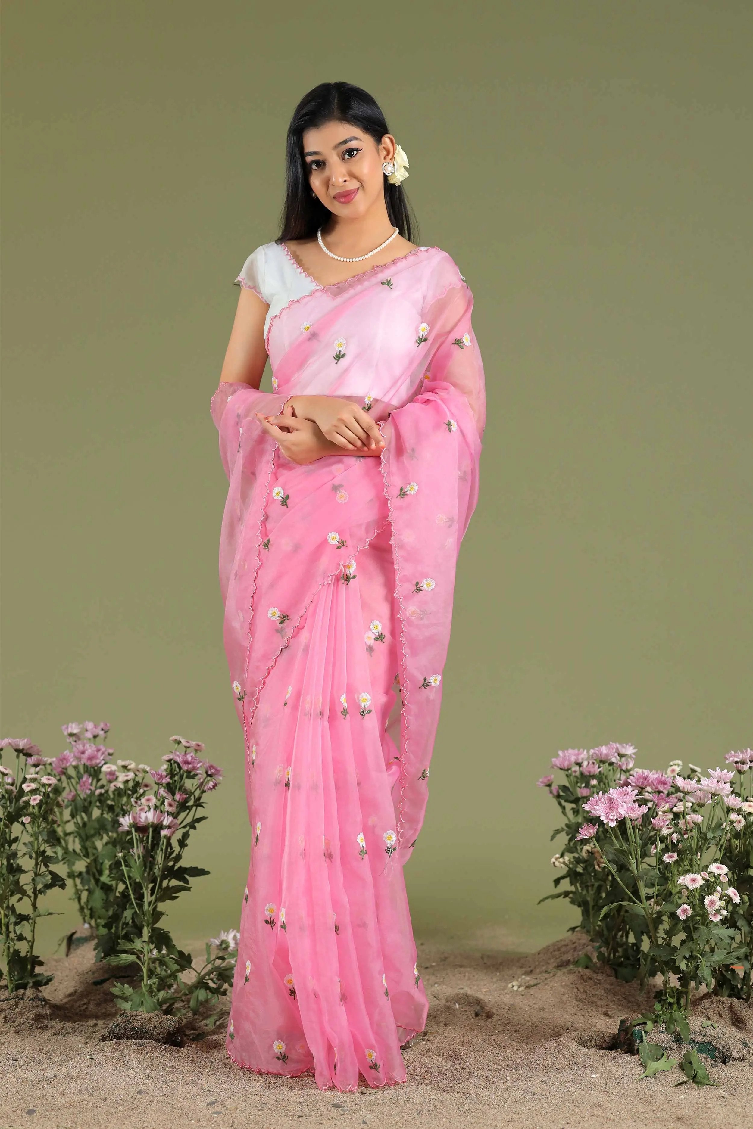 Chamomile Organza Saree in Pink