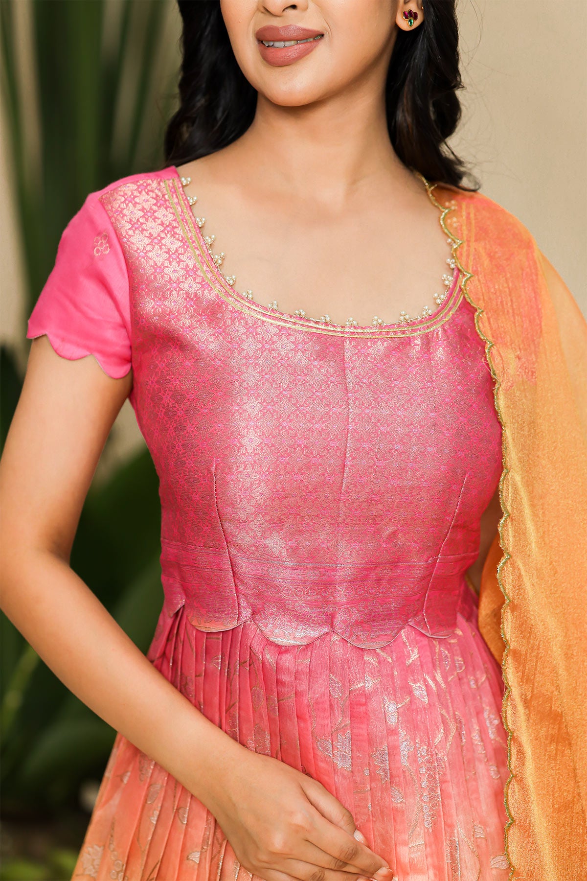 a woman in Aashvi Zari Silk Dress in Blush Pink
