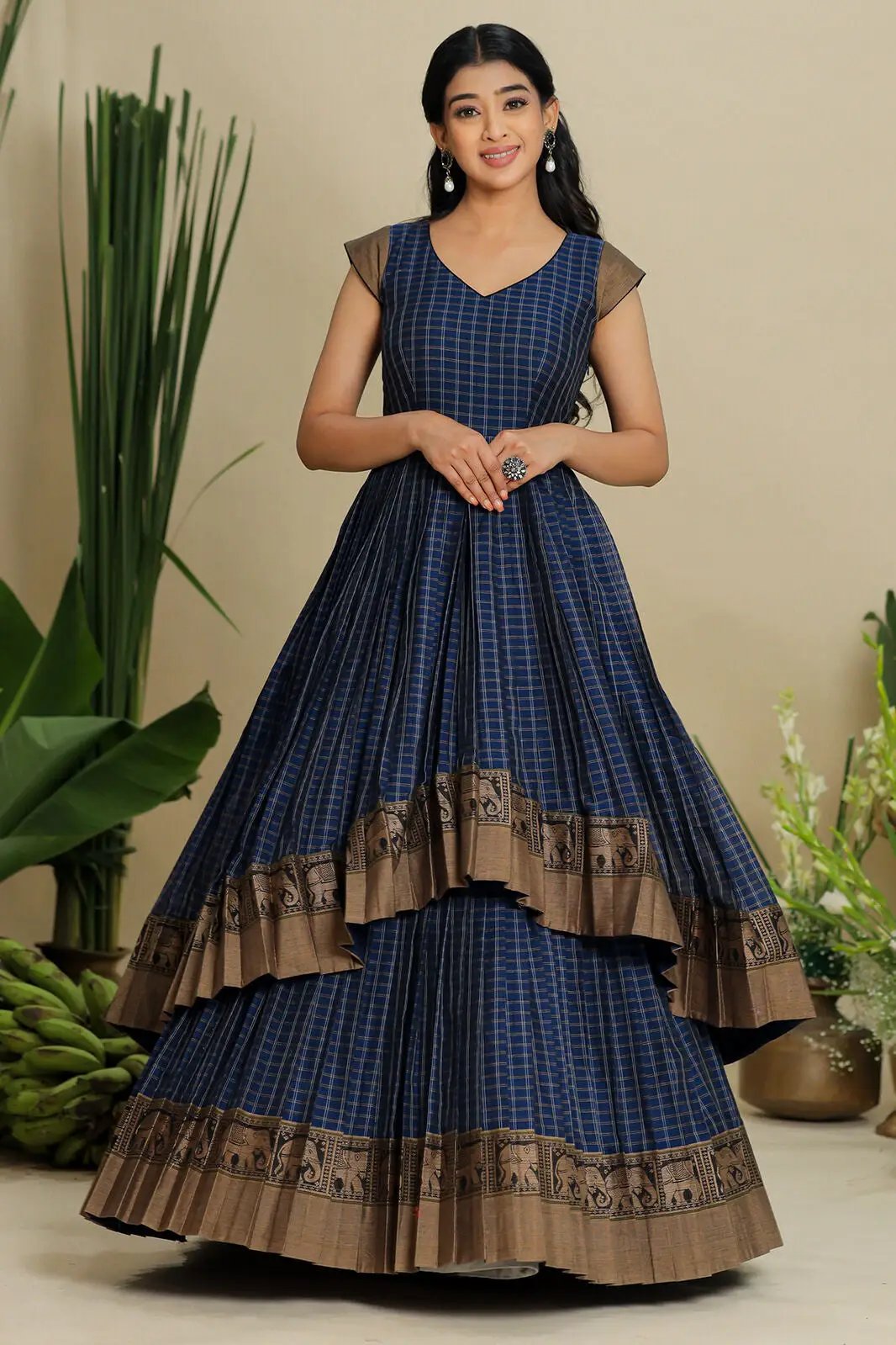 a woman in blue Abhinaya Indo Western Handloom Long Dress - Bullionknot