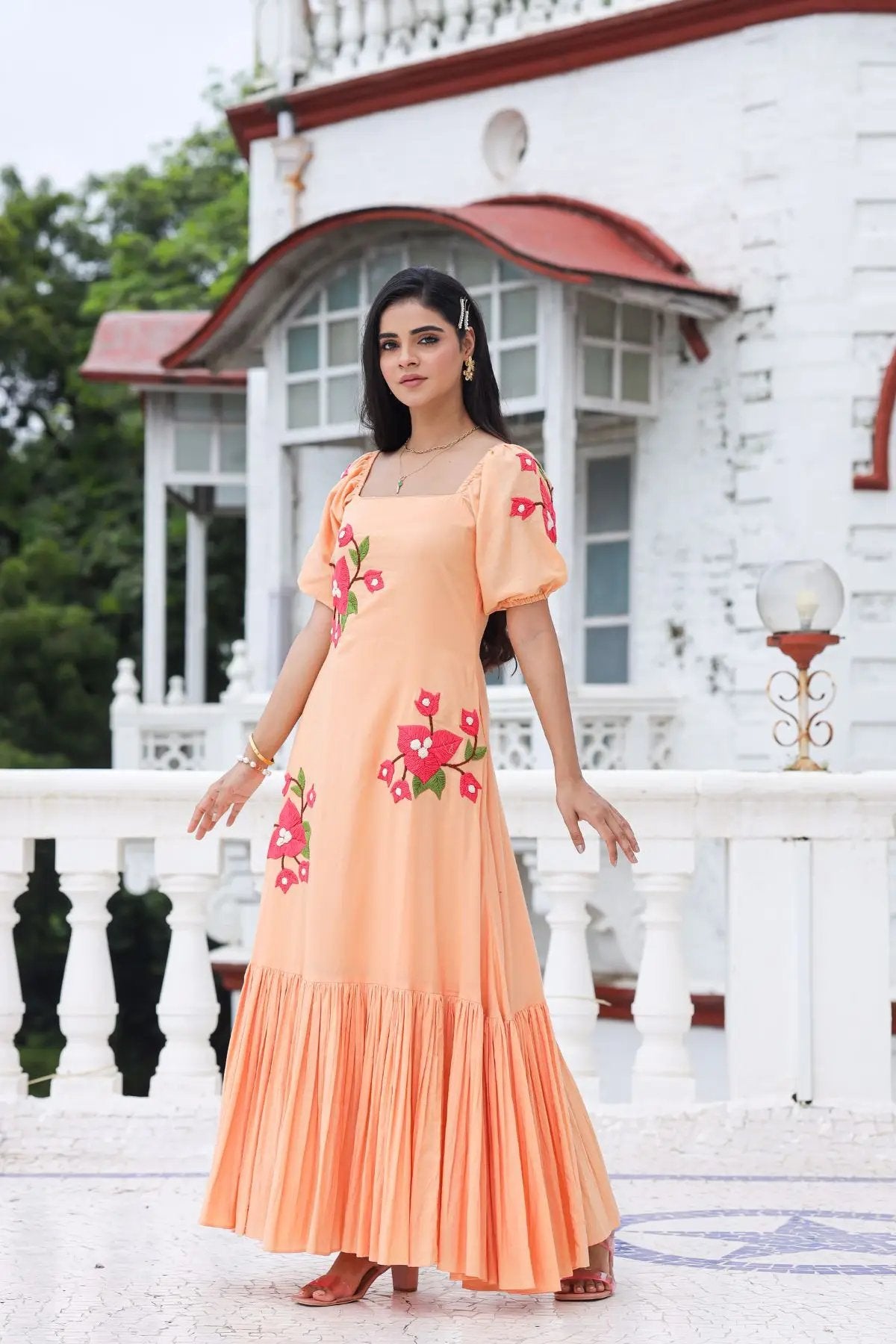 Aditi Maxi Dress in Rustic Peach with floral design