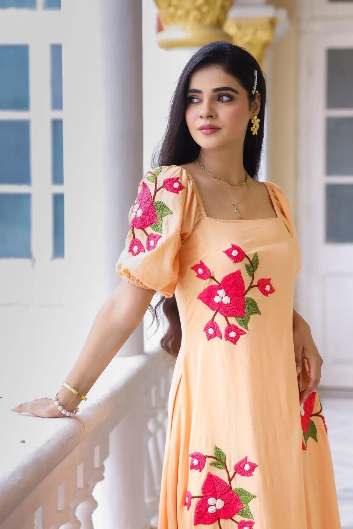 Rustic Peach Aditi Maxi Dress with floral embroidery