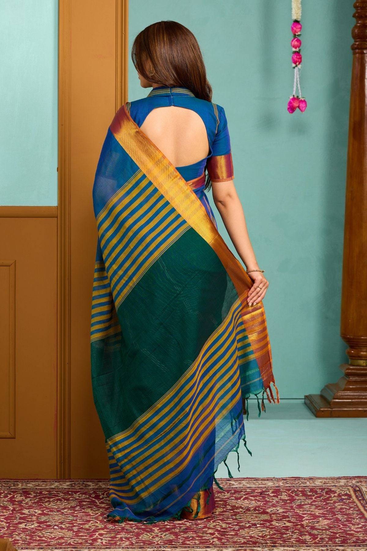 Rear view of royal blue Babita Handloom Saree