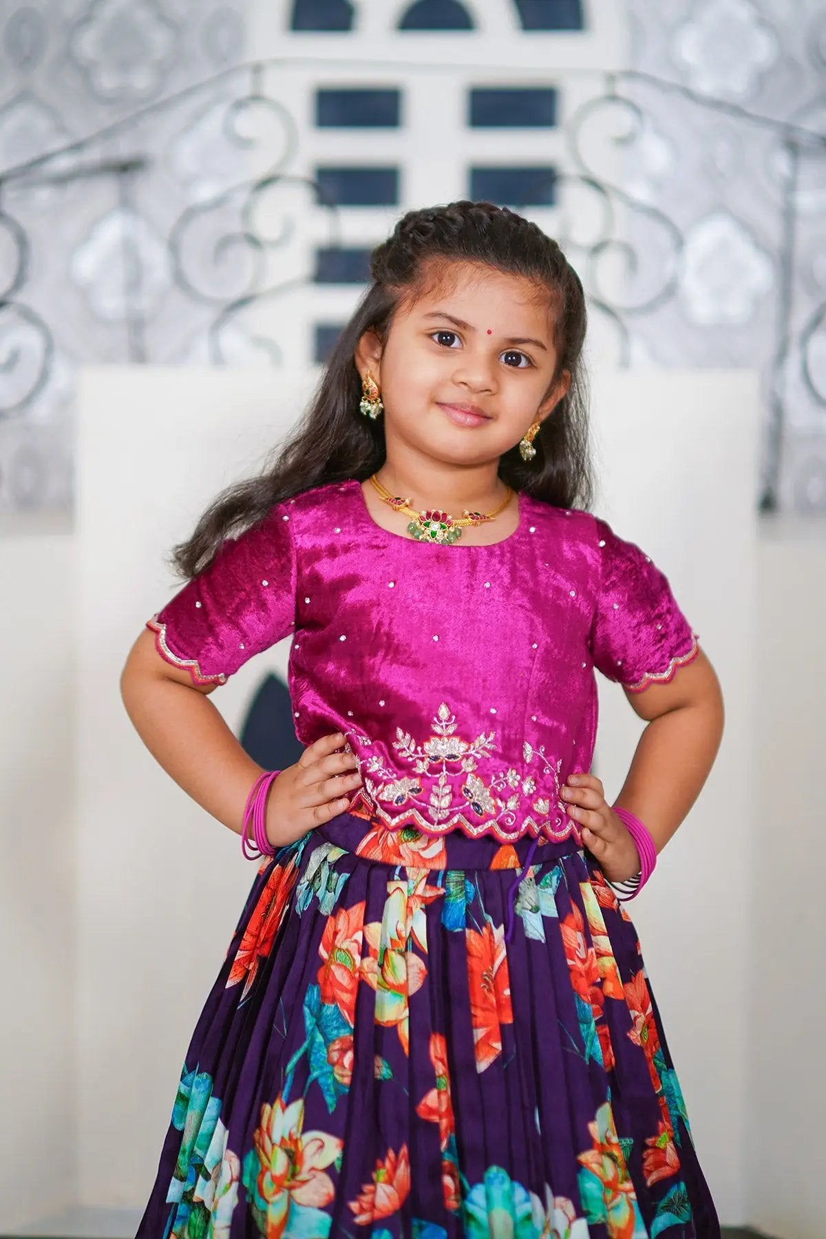 Kids Wear Baby Ketki Lehenga Set in purple and floral