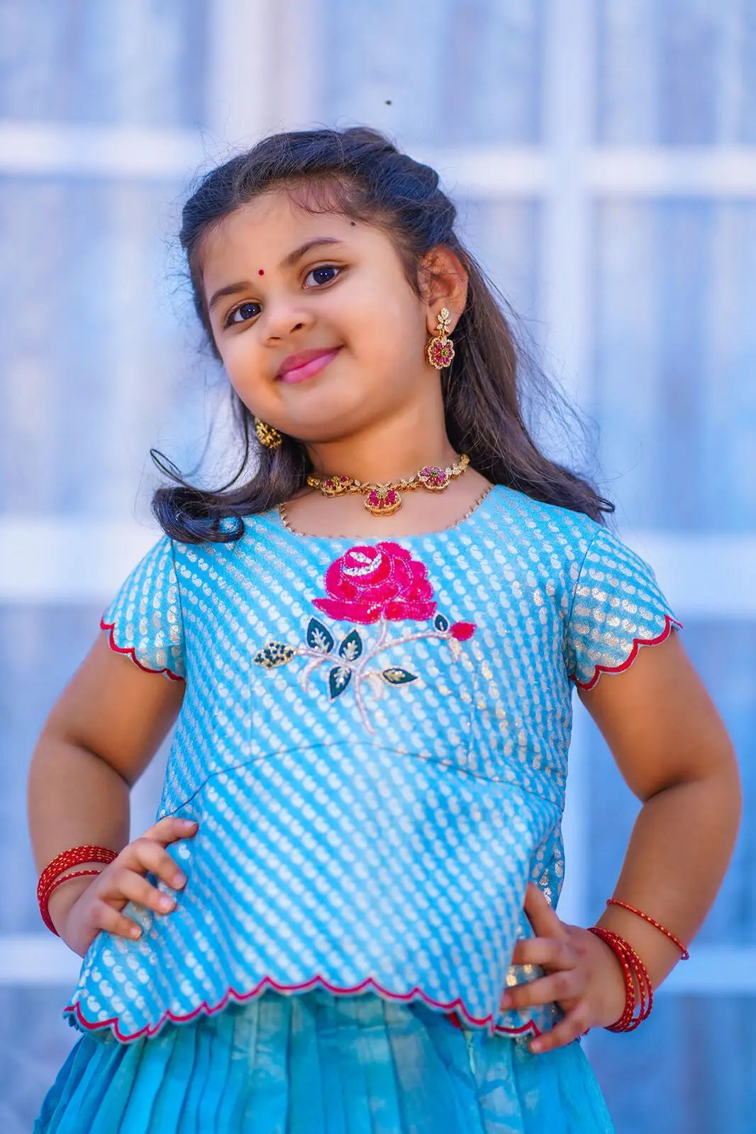 Close-up of Baby Rosy Lehenga Set in Moonstone Blue