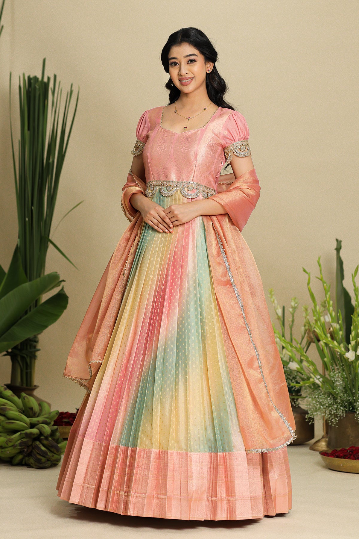 a woman in multi color Catherine Pure Crepe Silk Dress in Unicorn Shades - Bullionknot