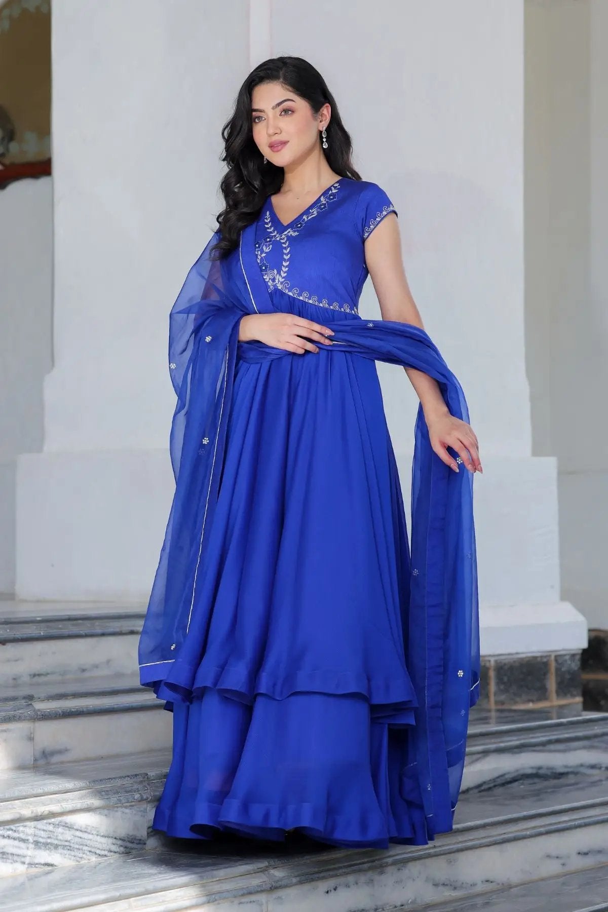 Elegant Charul Opal Anarkali dress in royal blue with dupatta