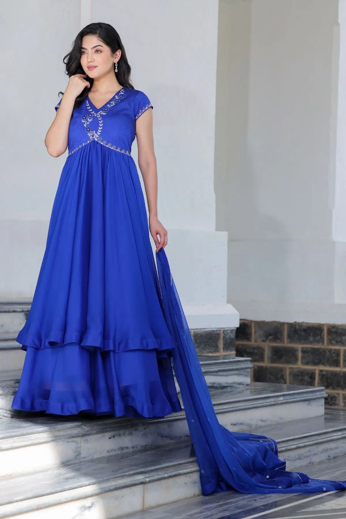 Full view of Charul Opal Anarkali dress in royal blue