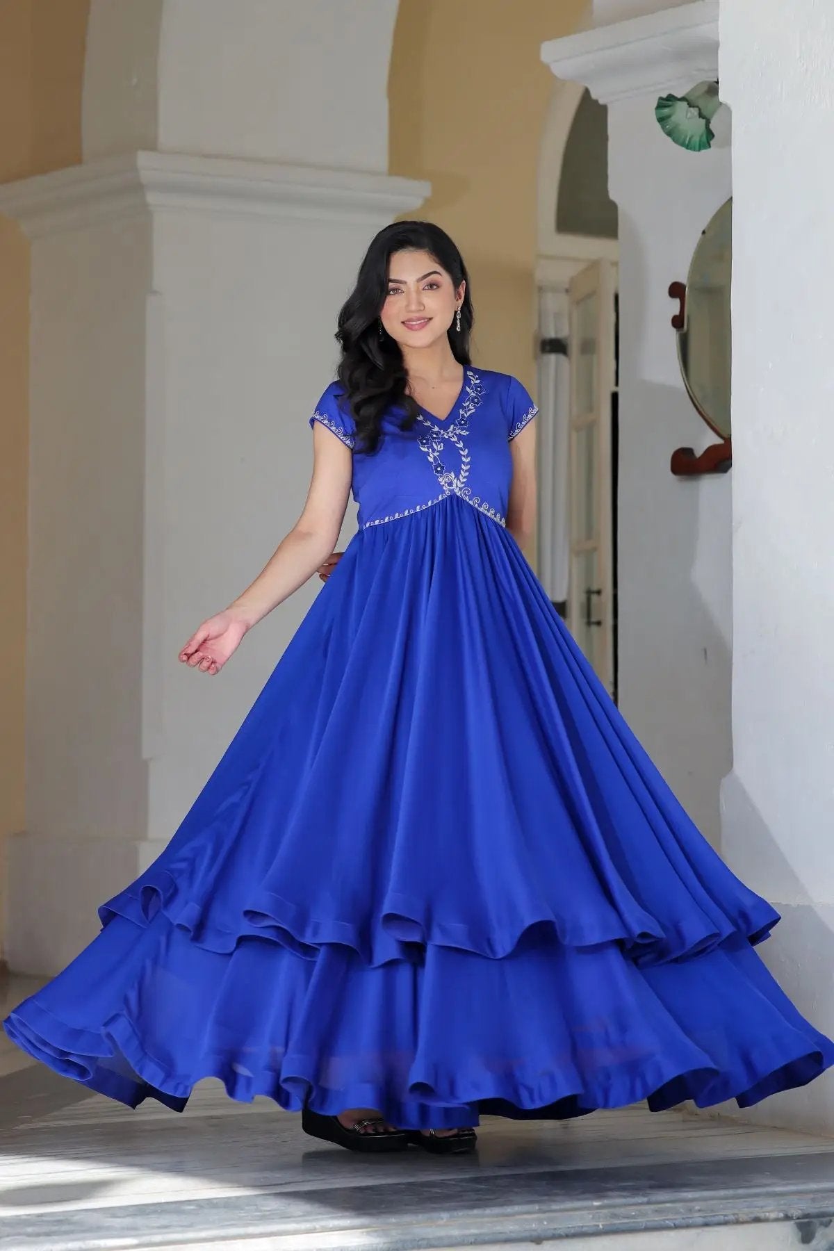 Flowing Charul Opal Anarkali dress in royal blue