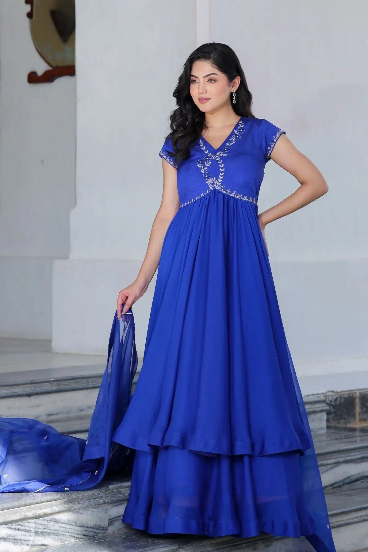 Charul Opal Anarkali dress in royal blue with layered skirt