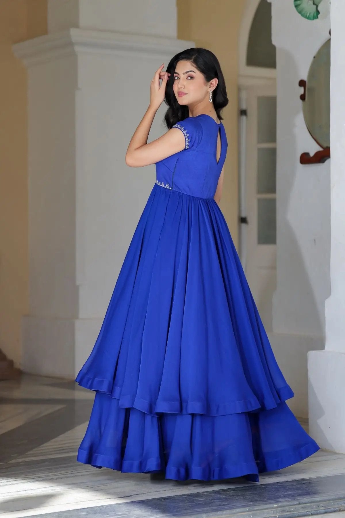 Back view of Charul Opal Anarkali dress in royal blue