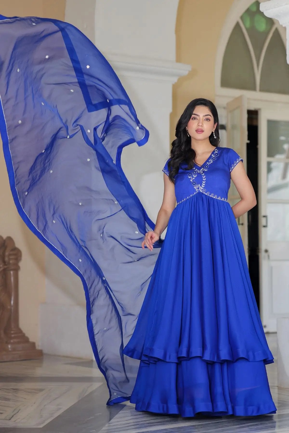 Charul Opal Anarkali dress in royal blue with flowing dupatta