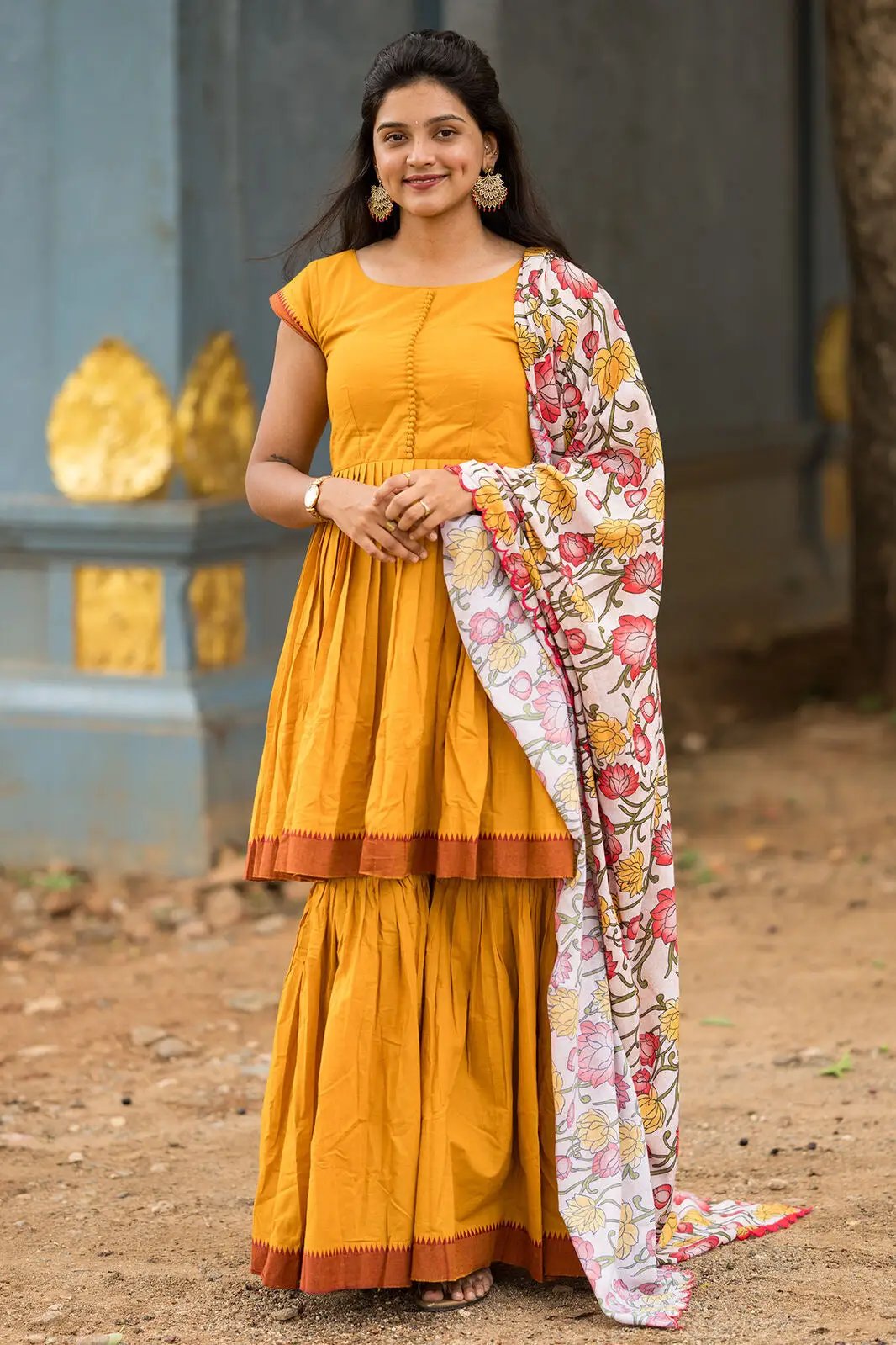 Yellow Deepika Sharara Set with floral dupatta, front view