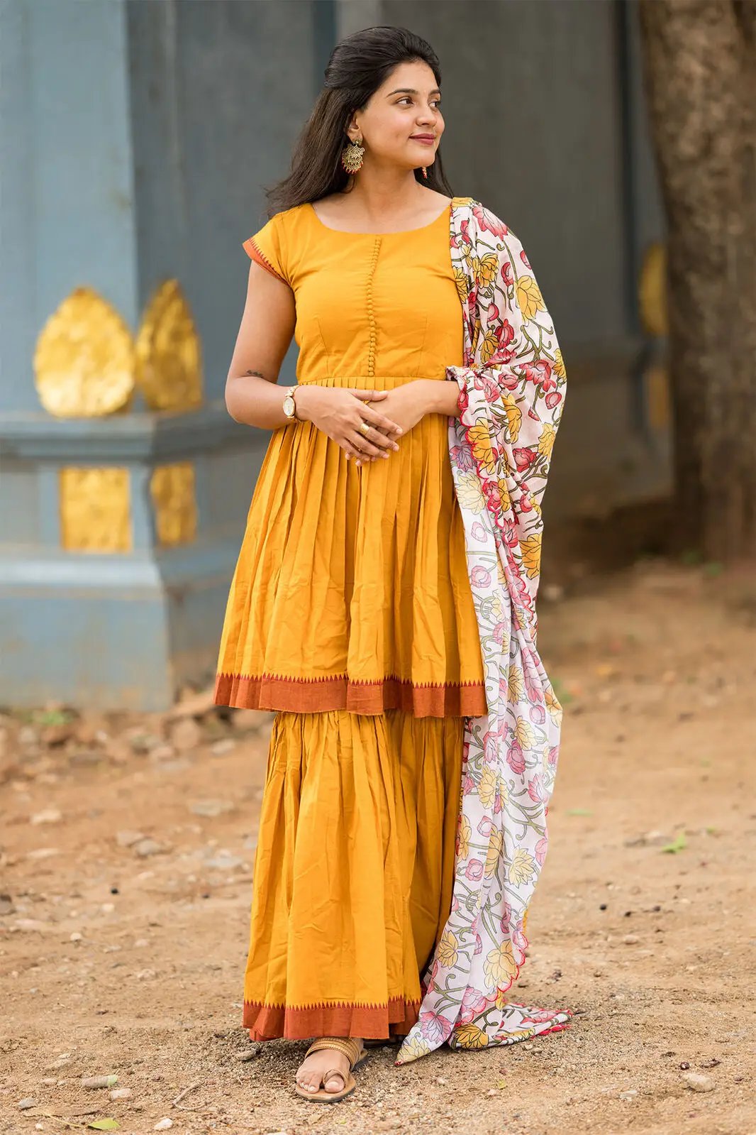 Yellow Deepika Sharara Set with floral dupatta, side pose