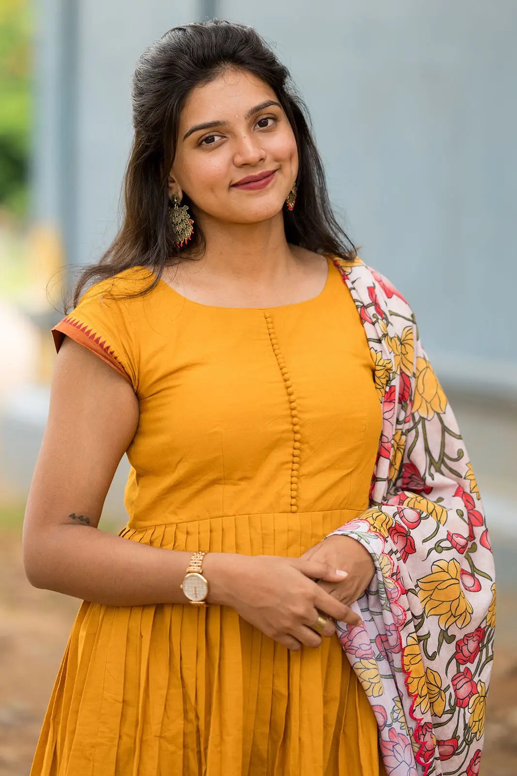 Close-up of Yellow Deepika Sharara Set with floral dupatta