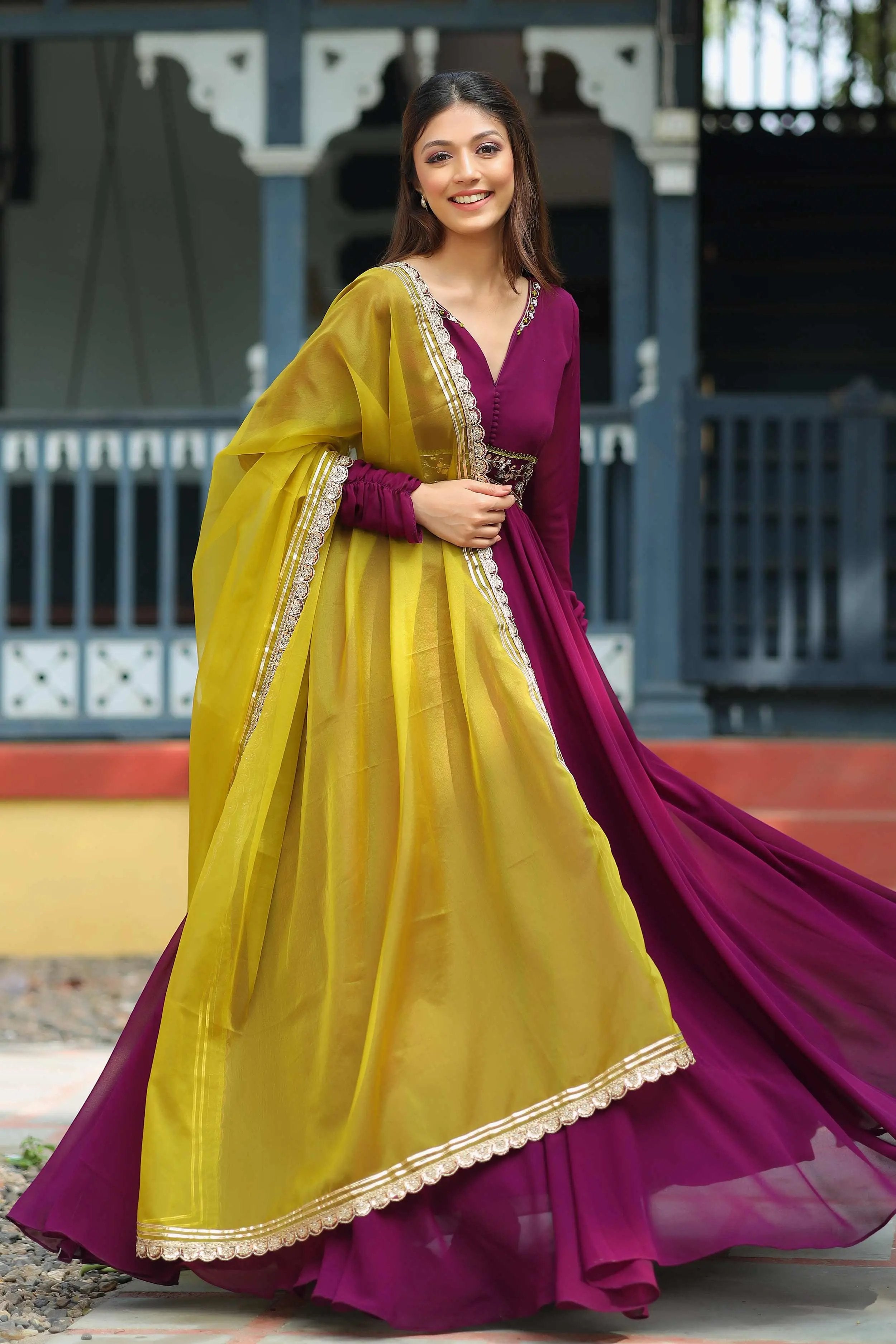 wine Anarkali suit with yellow dupatta