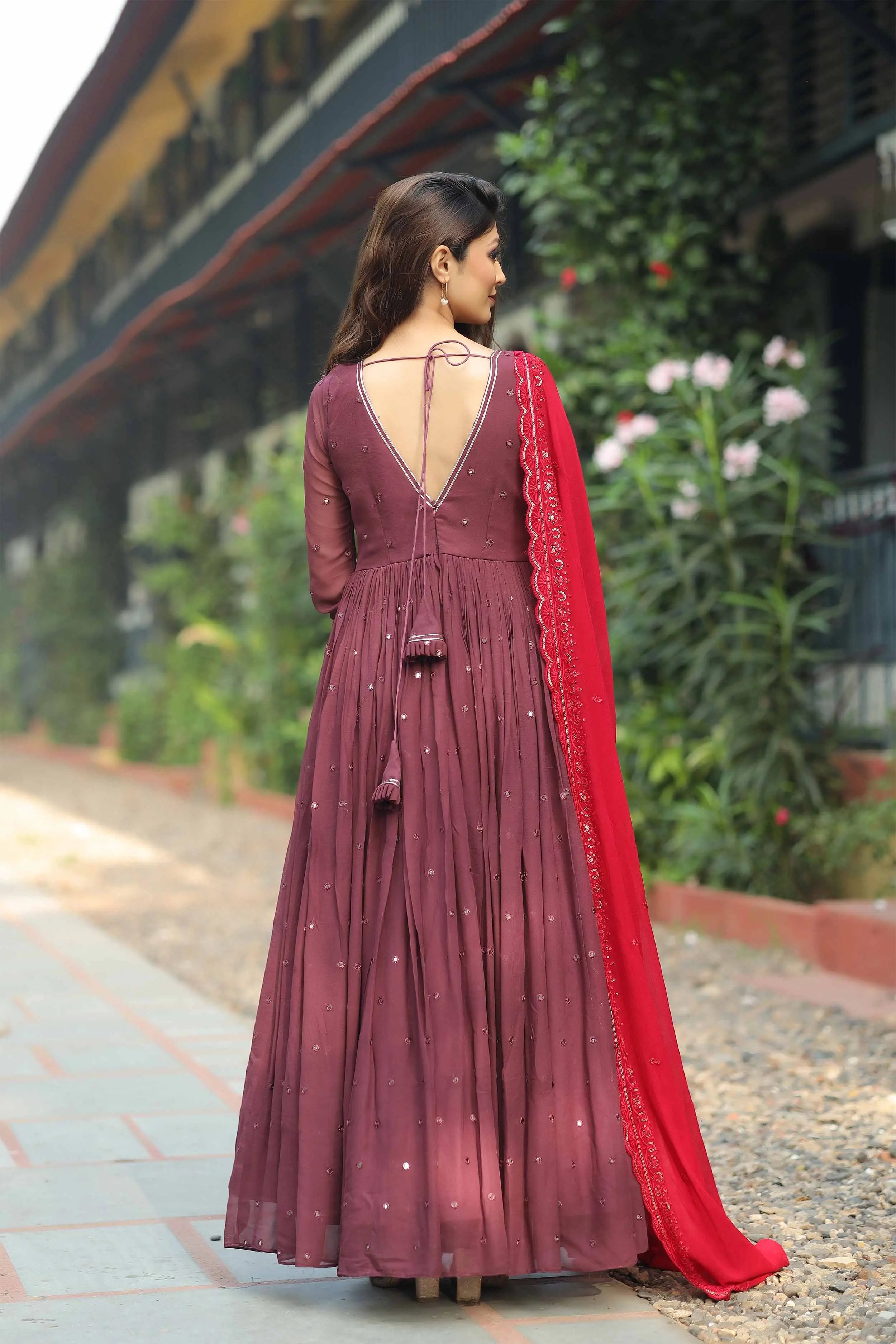 maroon Anarkali Dress with red dupatta