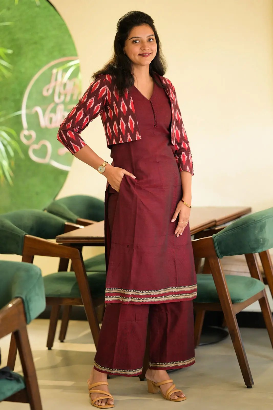 Garnet Handloom Kurta Jacket Set