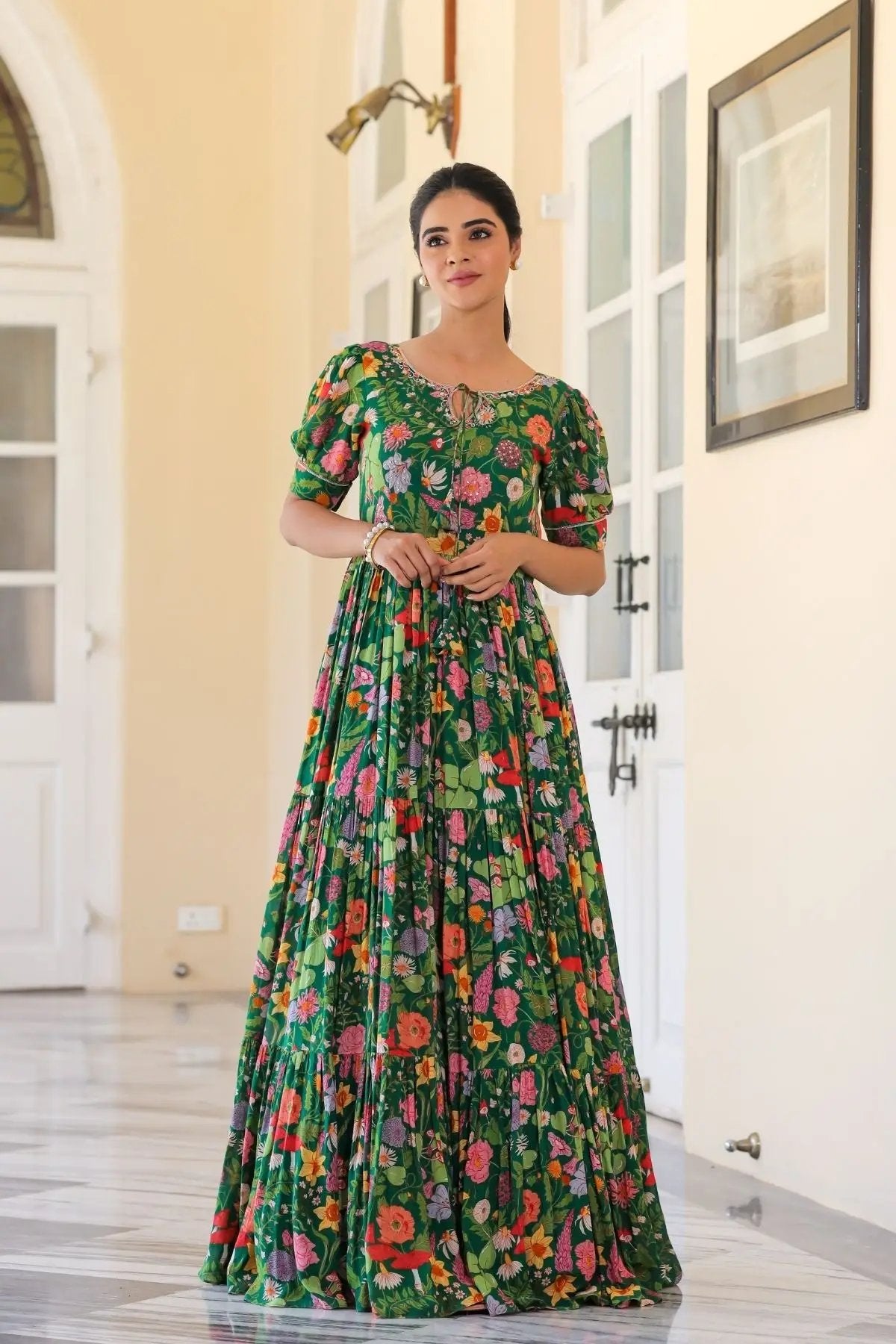 Exclusive Ethnic Dress - Titli Maxi in Green with floral print, puff sleeves, and pleated design, perfect for festive occasions.