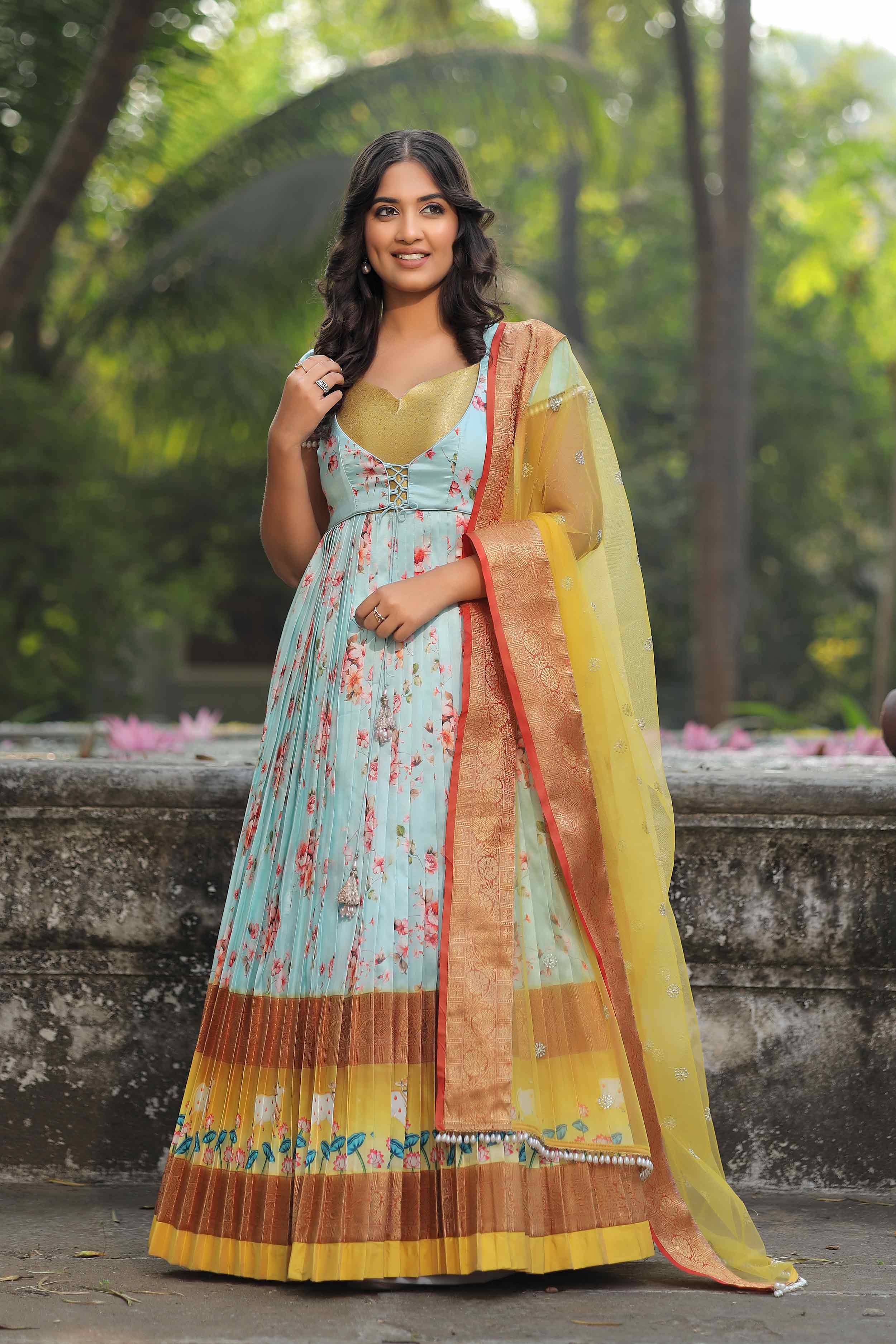 Pastel blue Banarasi dress with floral patterns