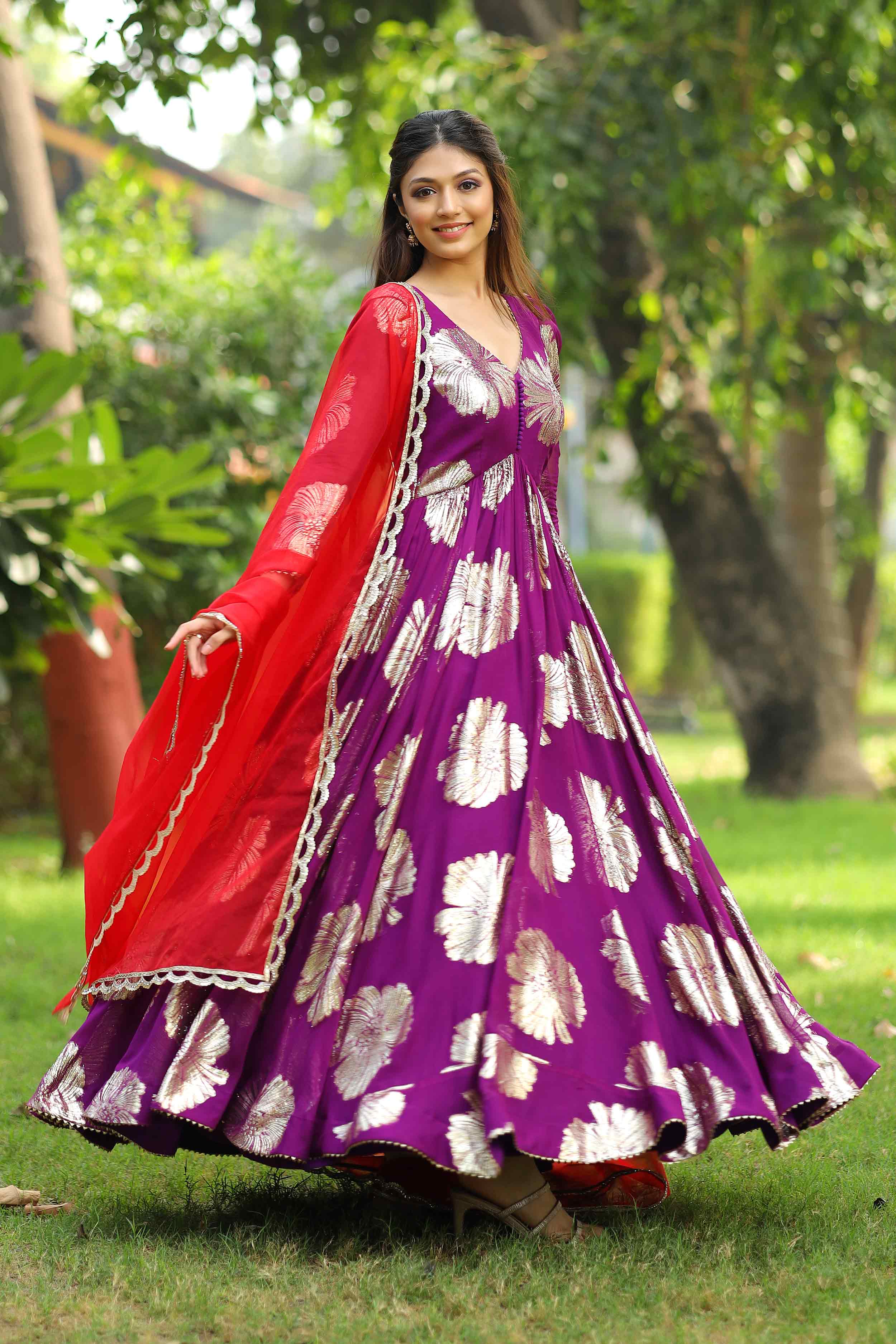 purple Anarkali Dress and Red Dupatta