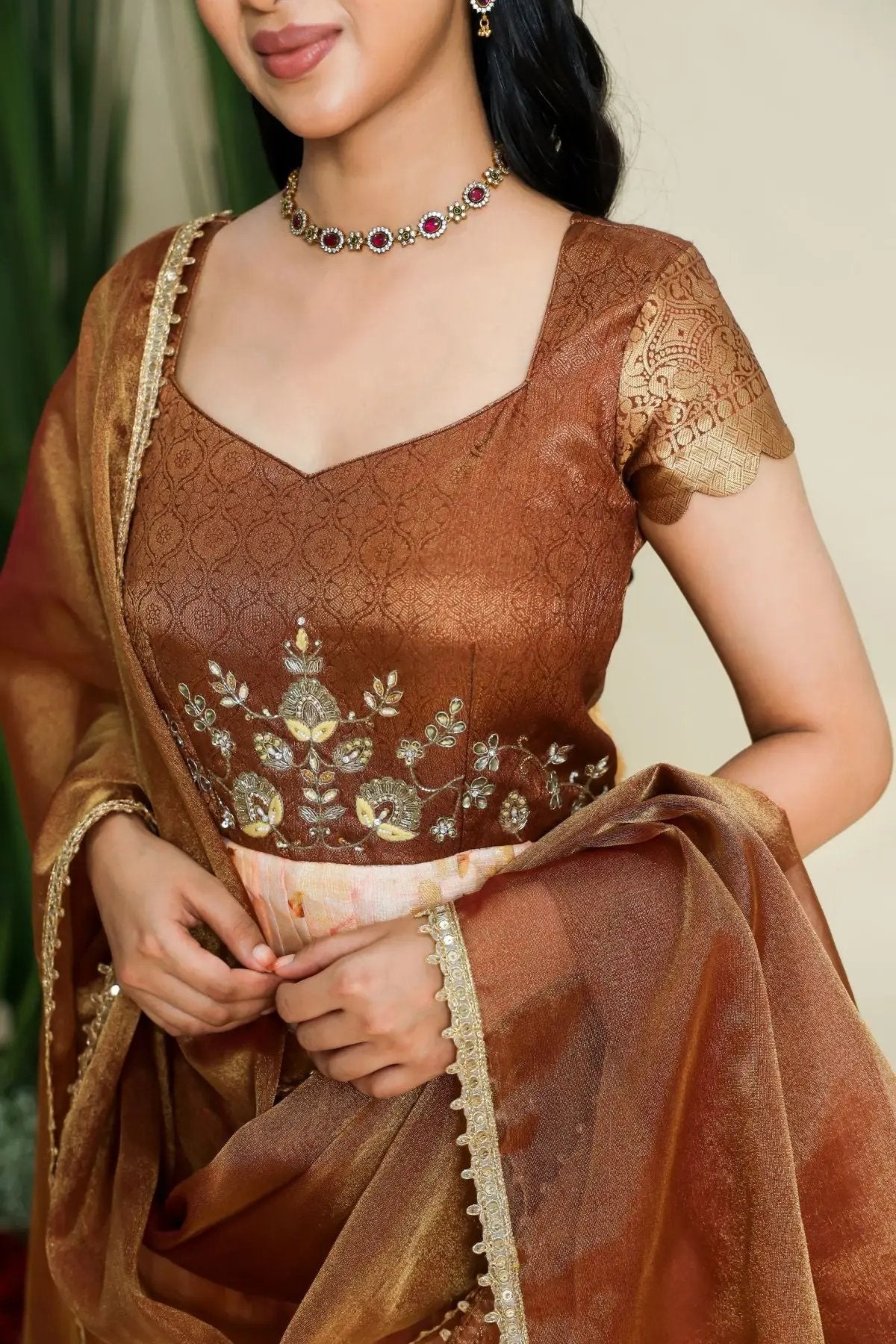 a woman in Kapis Copper Kota Zari Dress - Bullionknot