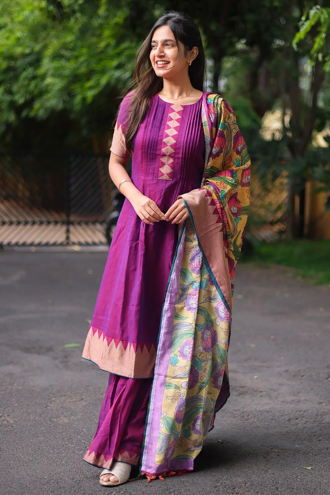 Purple handloom sharara set with colorful dupatta