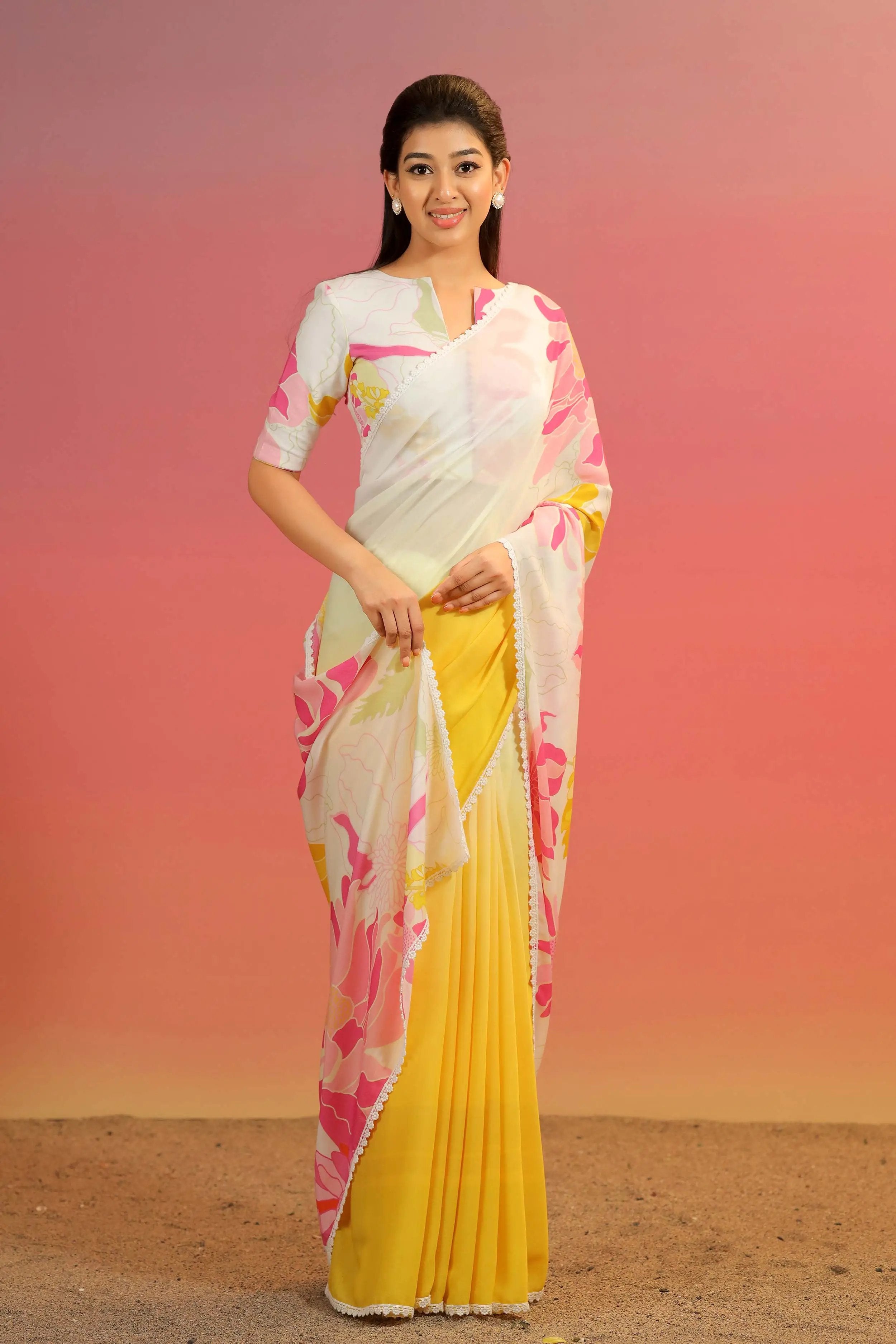 a woman in cotton georgette yellow and white Luna Shiney Saree - Bullionknot