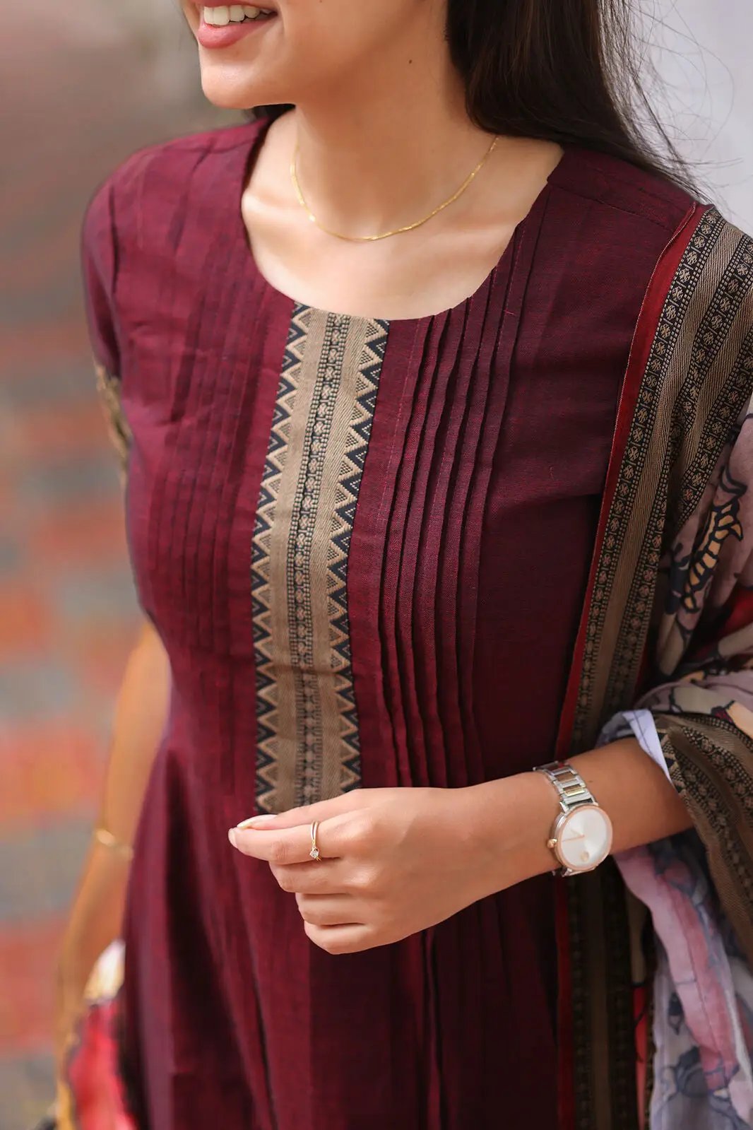 Detailed view of Maanvi Handloom Sharara Set with watch