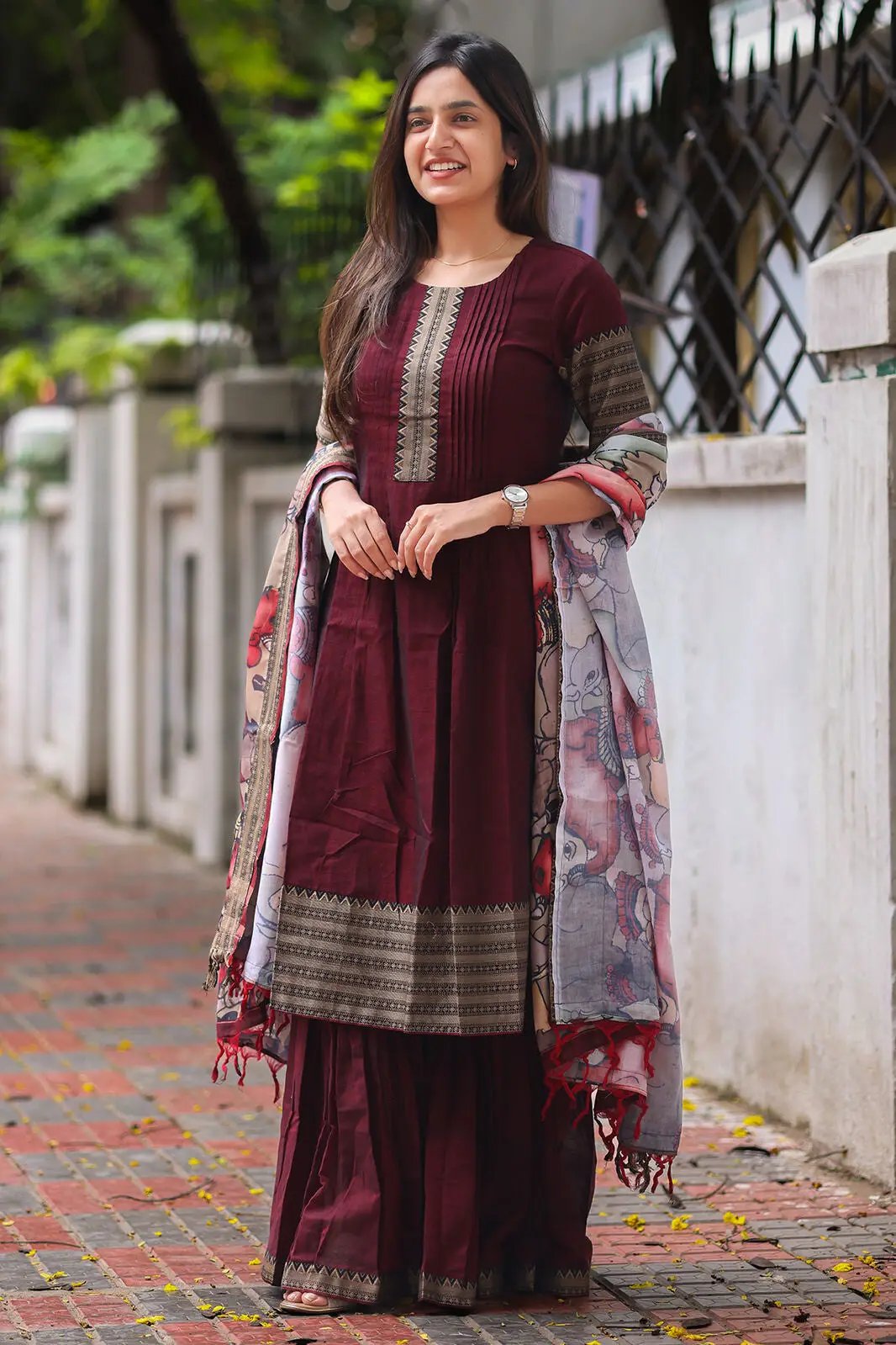 Full view of Maanvi Handloom Sharara Set in maroon