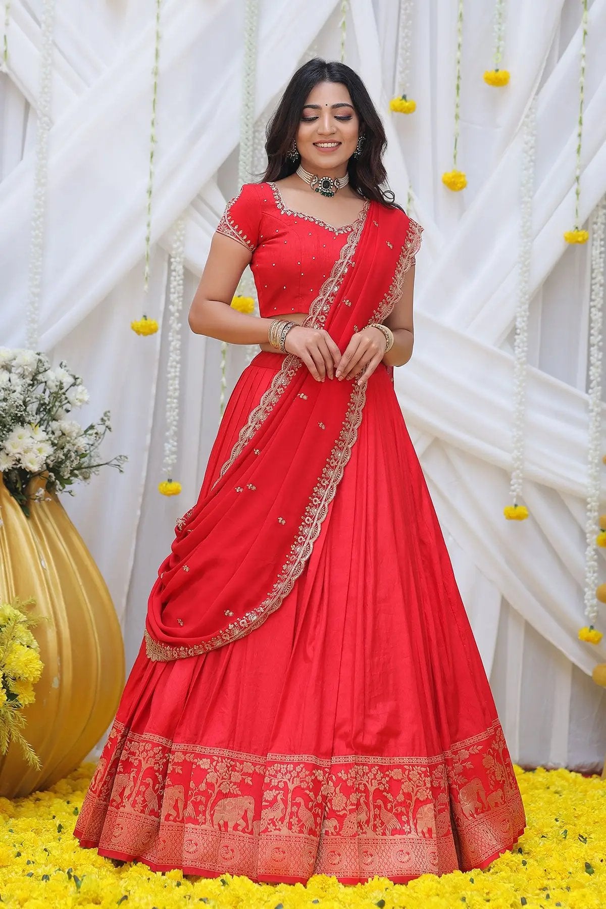 Maharani Half Saree Set in Red - Bullionknot