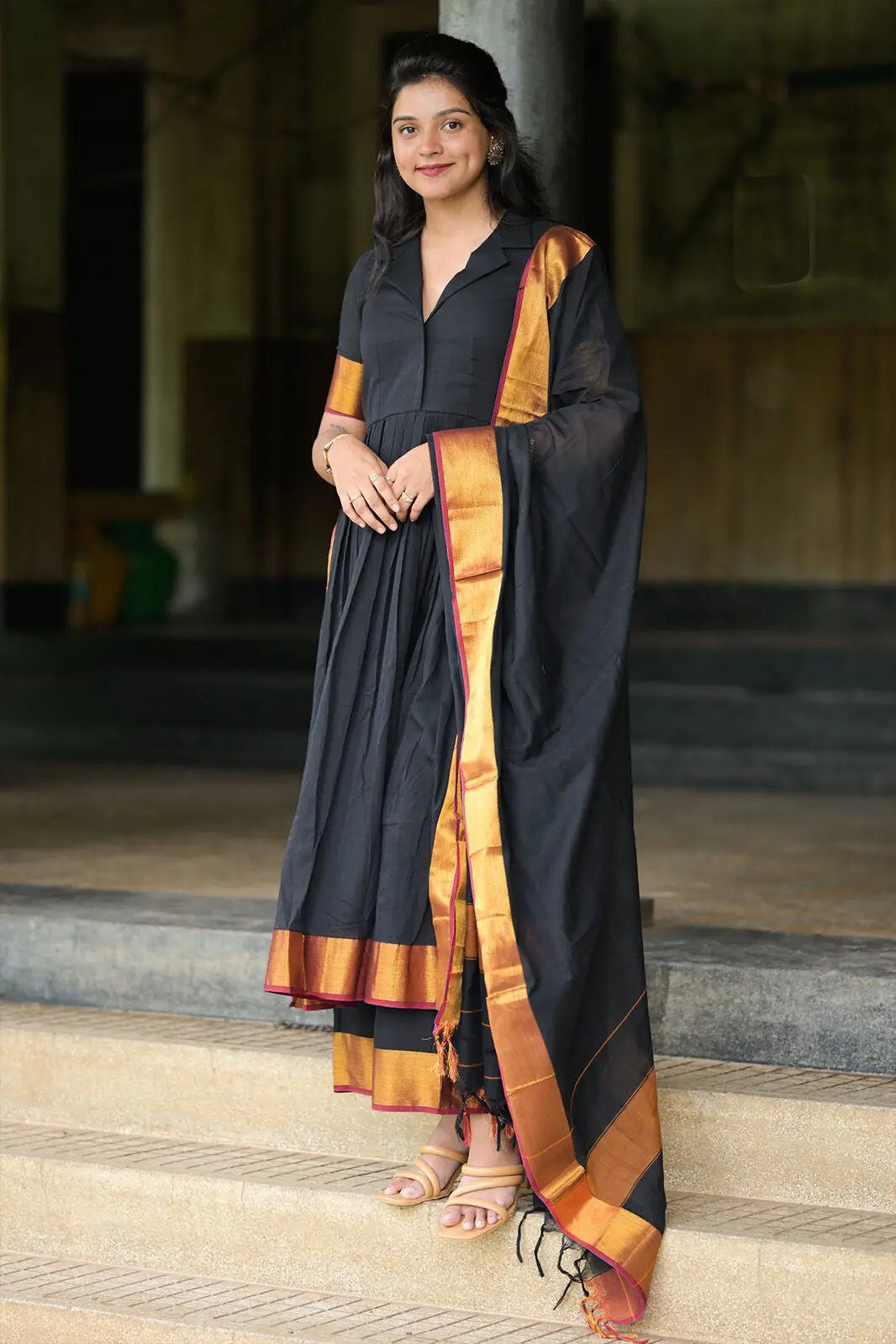 Full view of Malini Handloom Suit Set in black