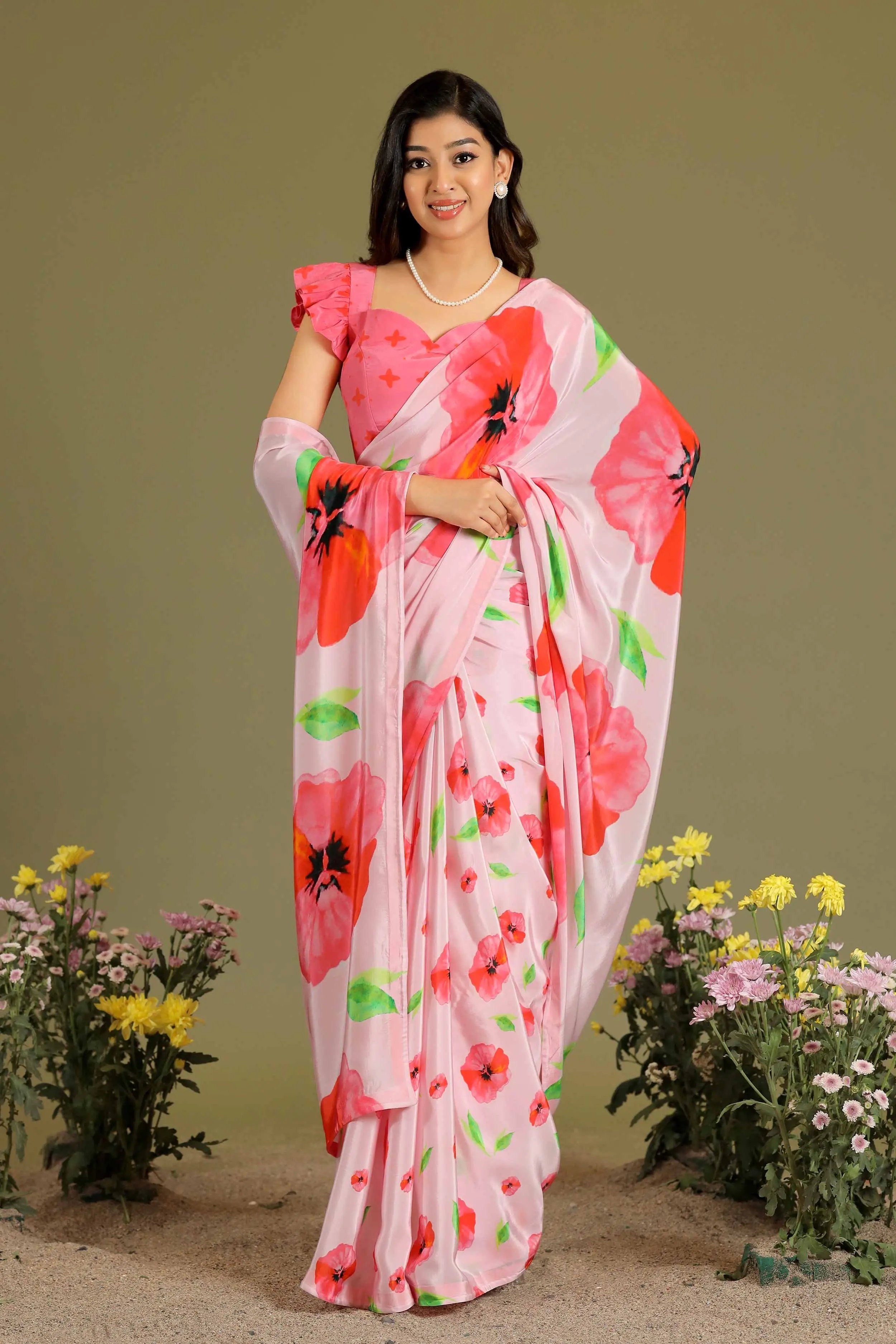 a woman in pink Mallow Swan Retro Prints Saree - Bullionknot