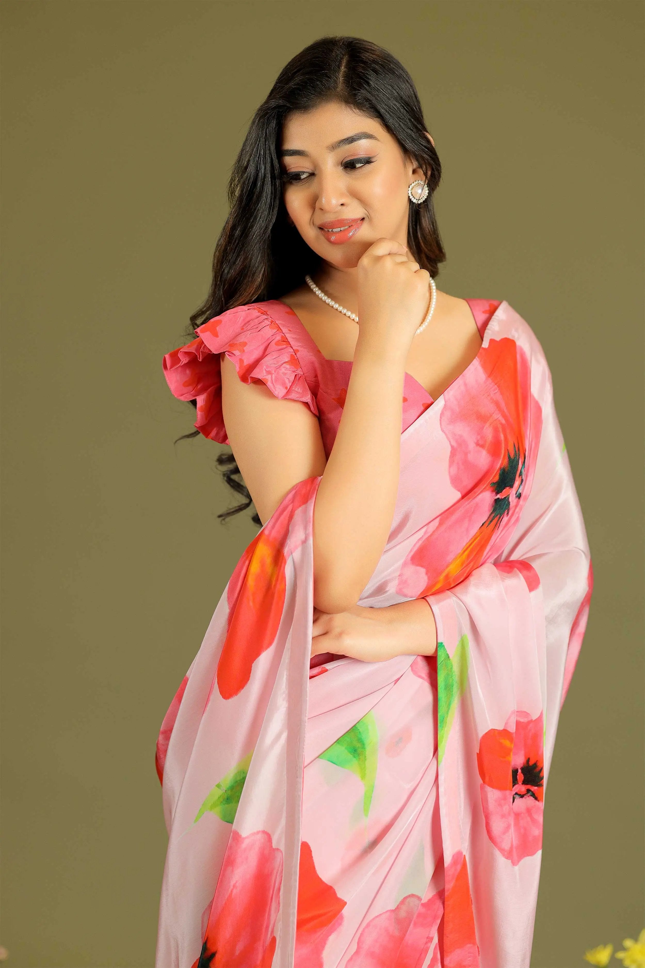 a woman in Retro Prints Saree - Bullionknot