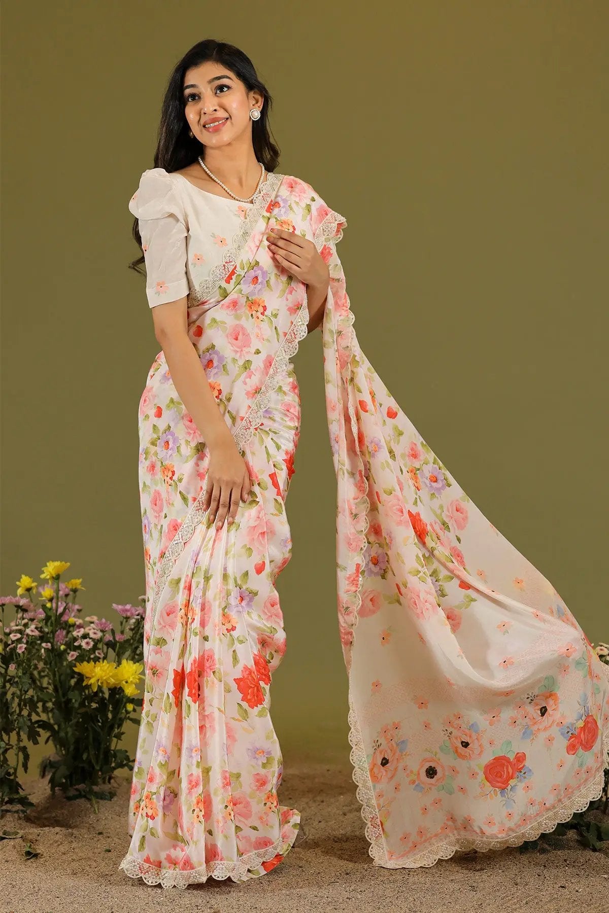 a woman in printed retro saree