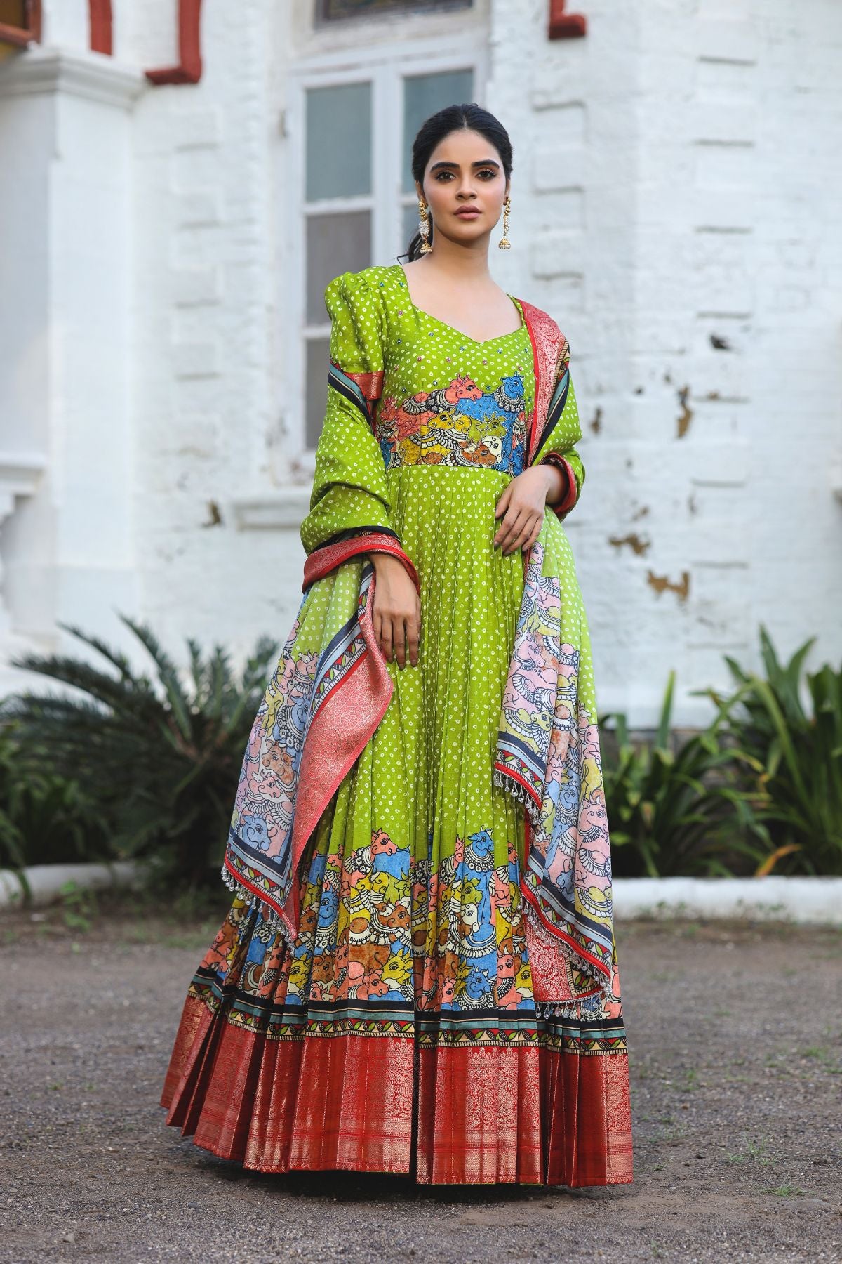 Parina Bandhej (Dress) in Lime Color