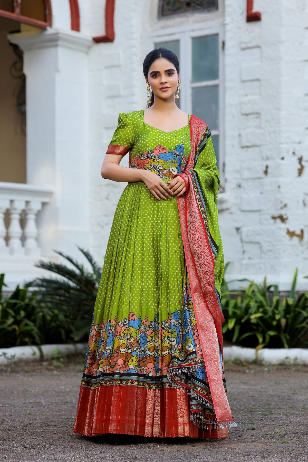 Parina Bandhej (Dress) in Lime Color