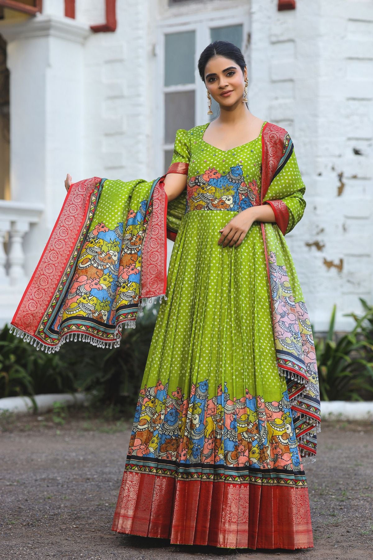 Lime Banarasi dress showcasing vibrant patterns