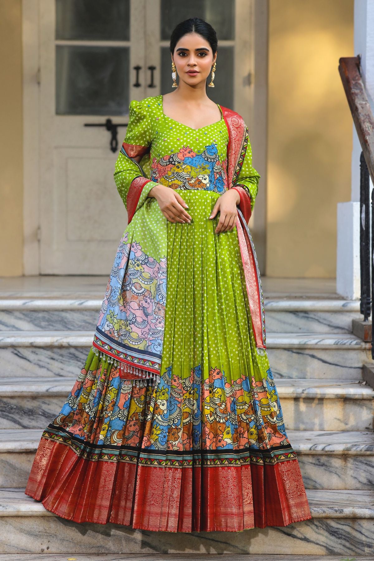 Parina Bandhej (Dress) in Lime Color