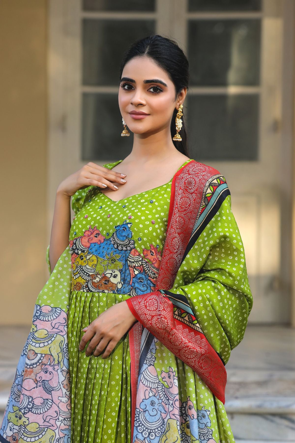 Parina Bandhej (Dress) in Lime Color